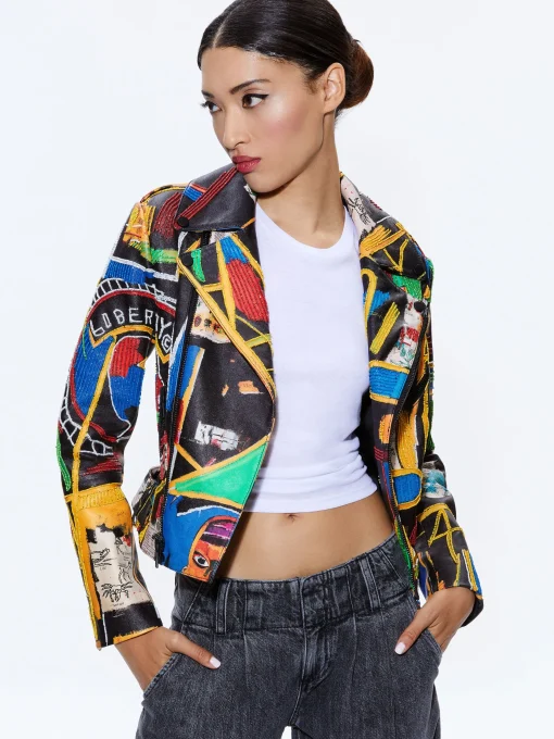 Alice and Olivia STACEY'S FAVORITES|JACKETS + COATS*A+O X BASQUIAT CODY EMBELLISHED LEATHER JACKET