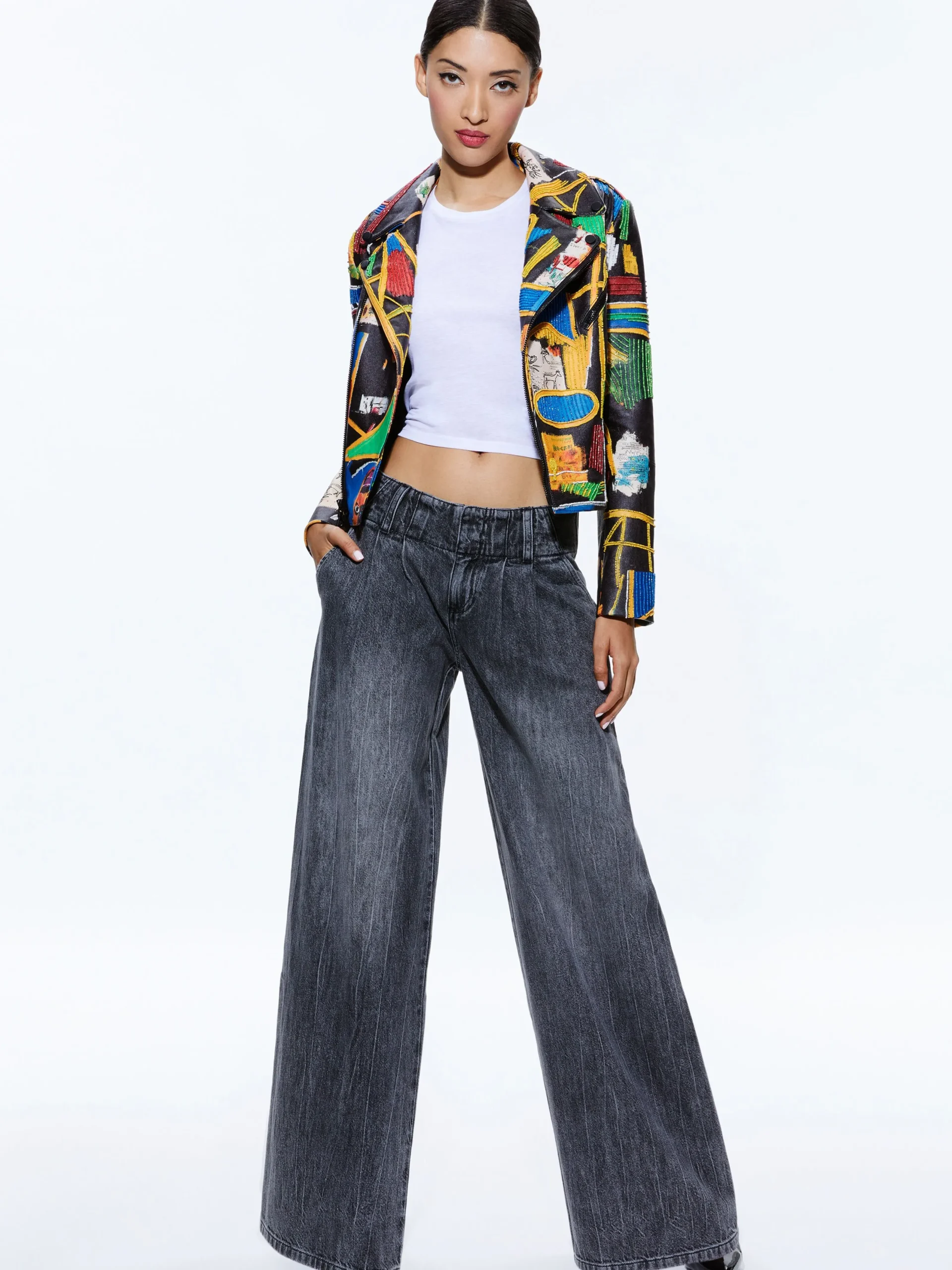 Alice and Olivia STACEY'S FAVORITES|JACKETS + COATS*A+O X BASQUIAT CODY EMBELLISHED LEATHER JACKET