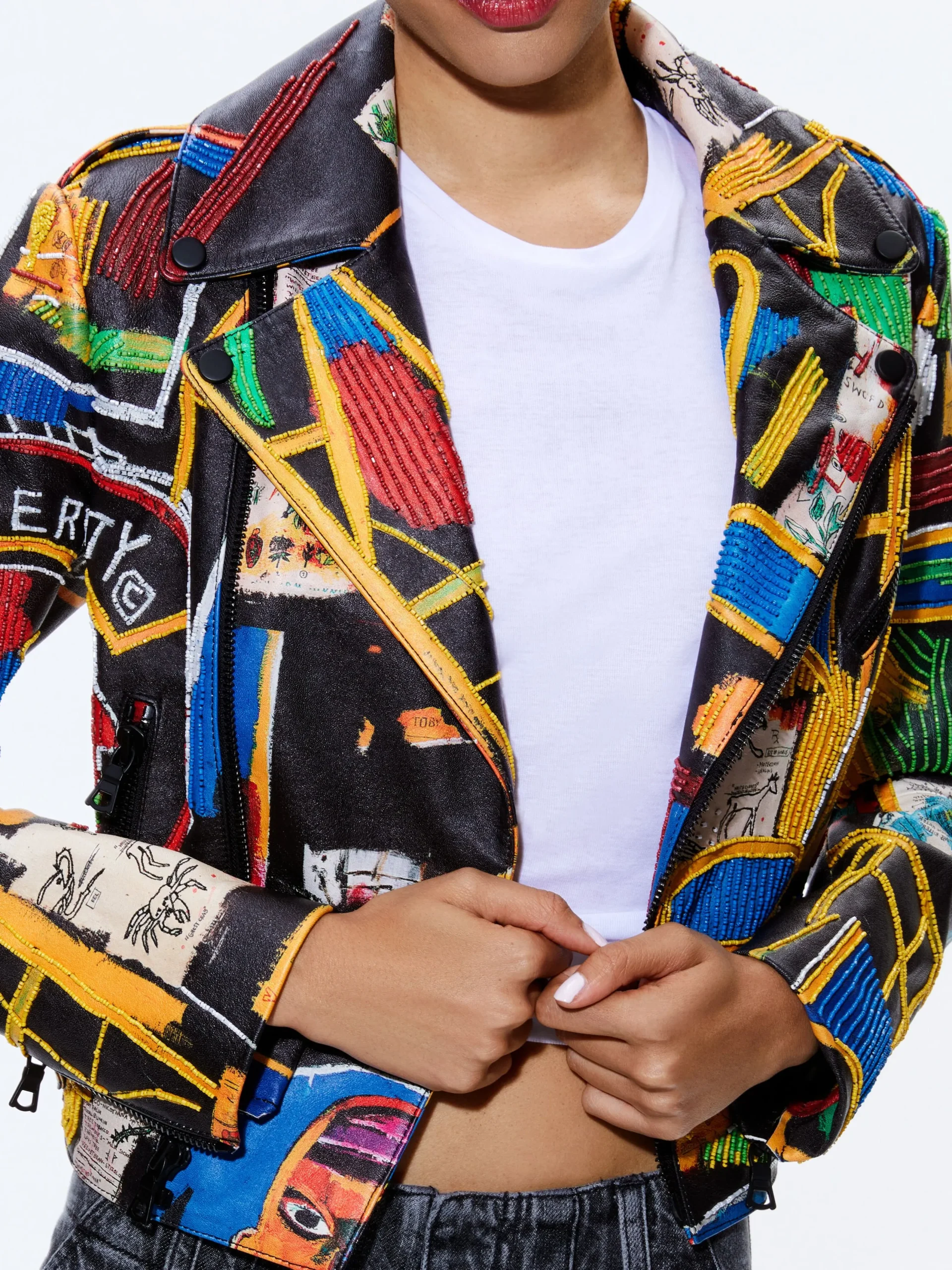 Alice and Olivia STACEY'S FAVORITES|JACKETS + COATS*A+O X BASQUIAT CODY EMBELLISHED LEATHER JACKET