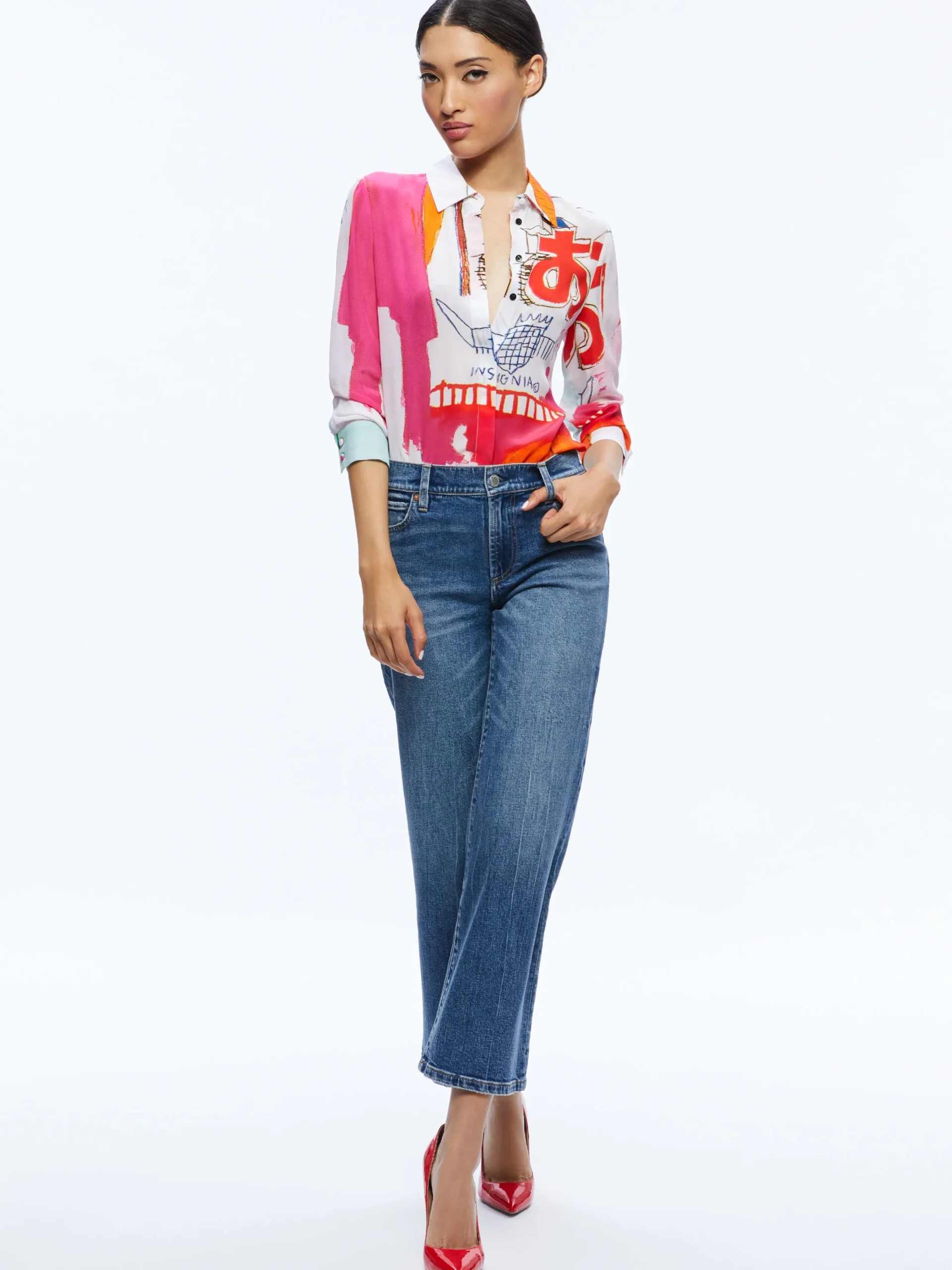 Alice and Olivia TOPS*A+O X BASQUIAT WILLA PLACKET TOP
