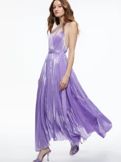 Alice and Olivia GUEST OF|MAXI*ARISTA SLEEVELESS HALTER NECK PLEATED MAXI DRESS