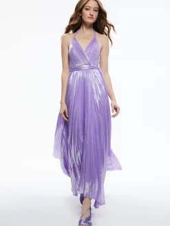 Alice and Olivia GUEST OF|MAXI*ARISTA SLEEVELESS HALTER NECK PLEATED MAXI DRESS