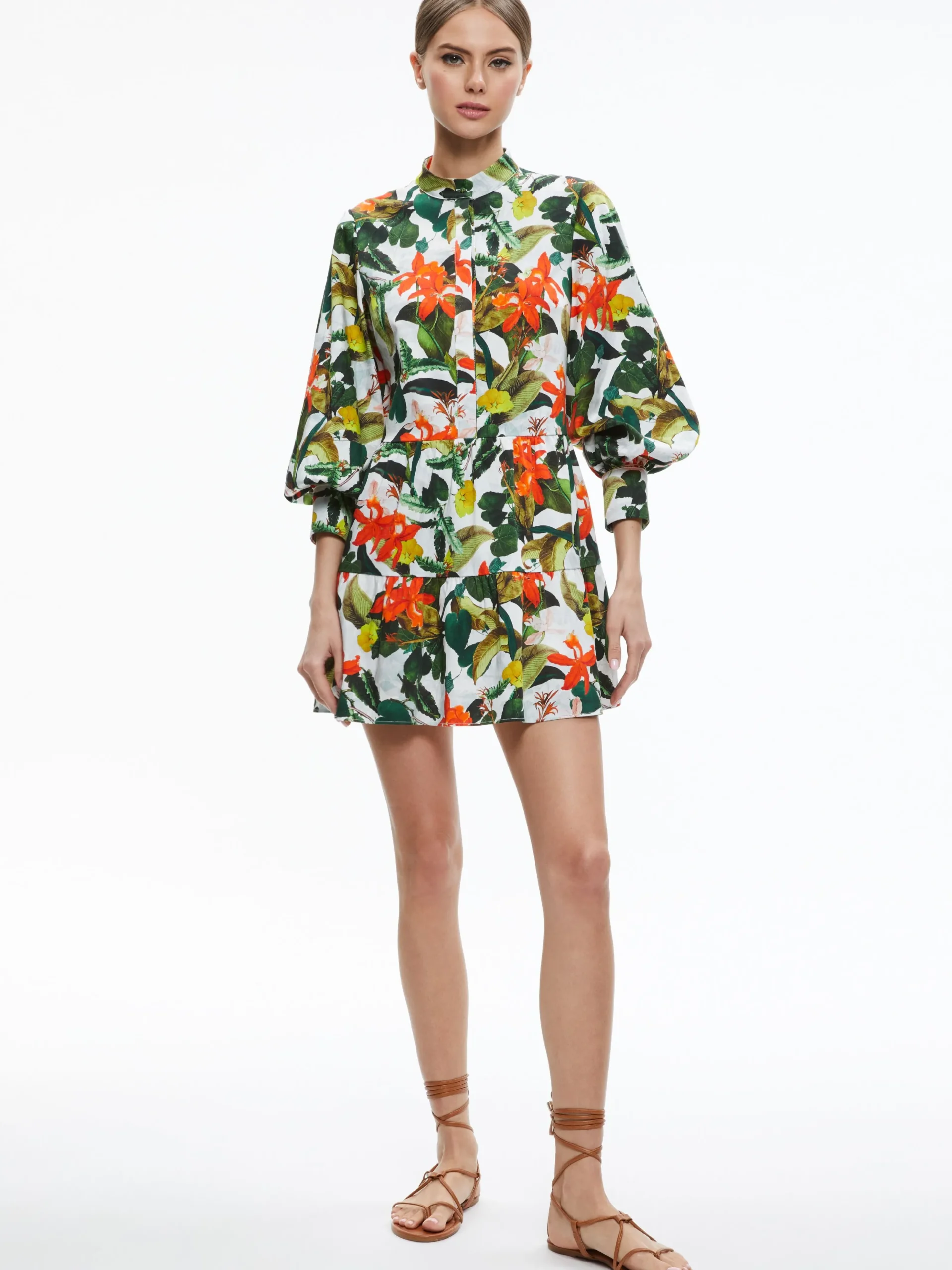 Alice and Olivia MINI|DRESSES*CAILIN BUTTON FRONT BLOUSON SLEEVE MINI DRESS