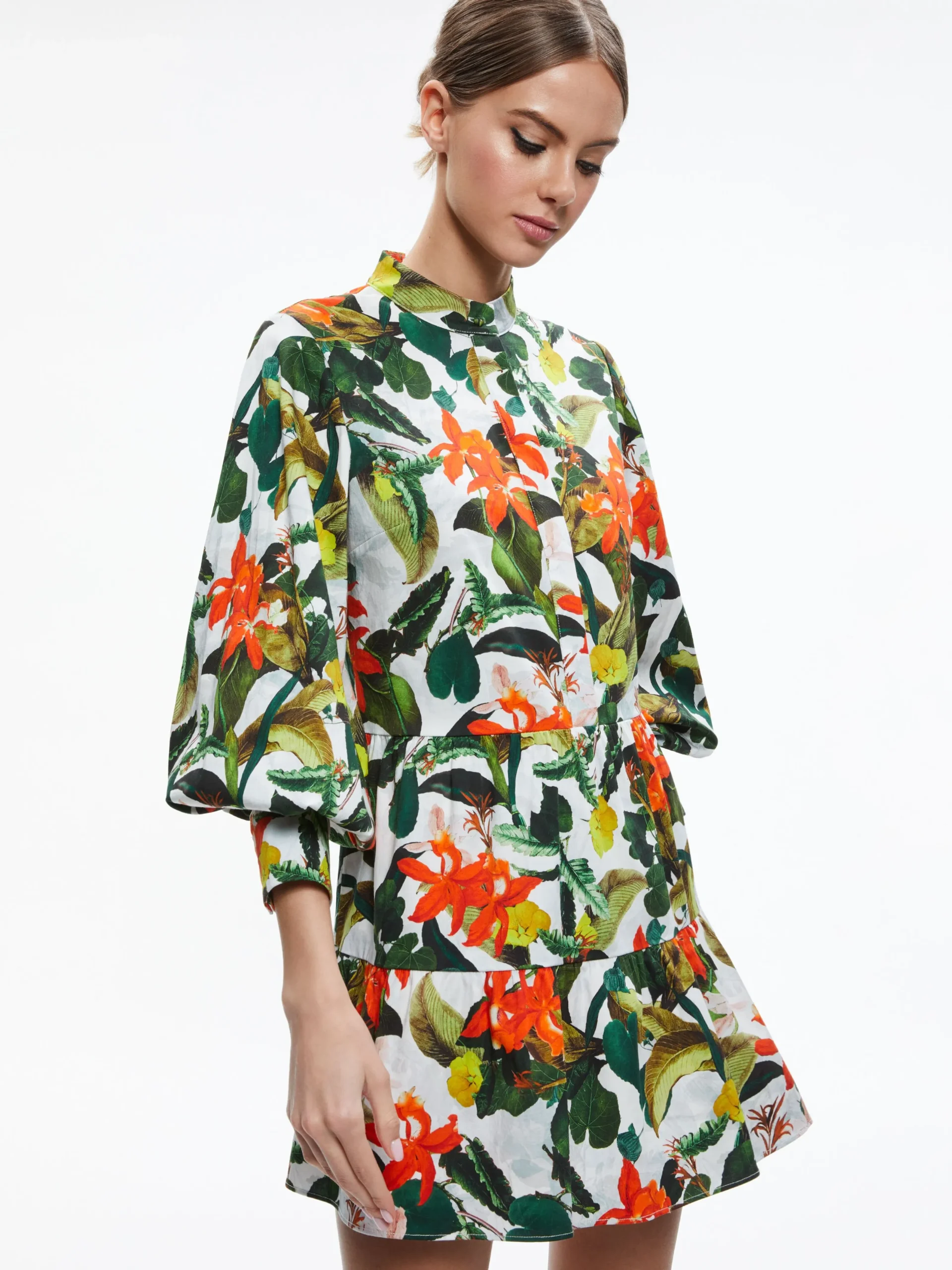 Alice and Olivia MINI|DRESSES*CAILIN BUTTON FRONT BLOUSON SLEEVE MINI DRESS
