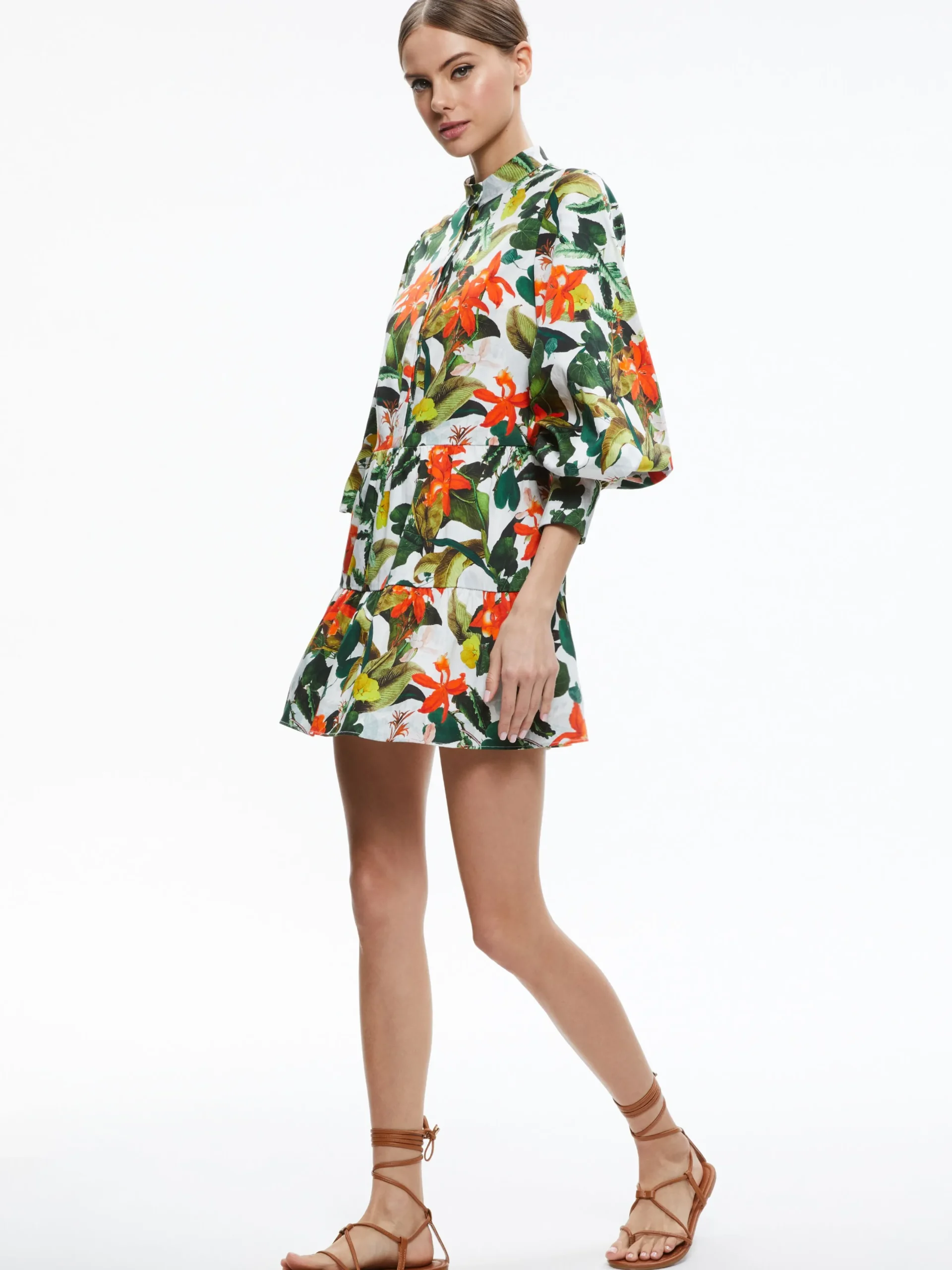 Alice and Olivia MINI|DRESSES*CAILIN BUTTON FRONT BLOUSON SLEEVE MINI DRESS
