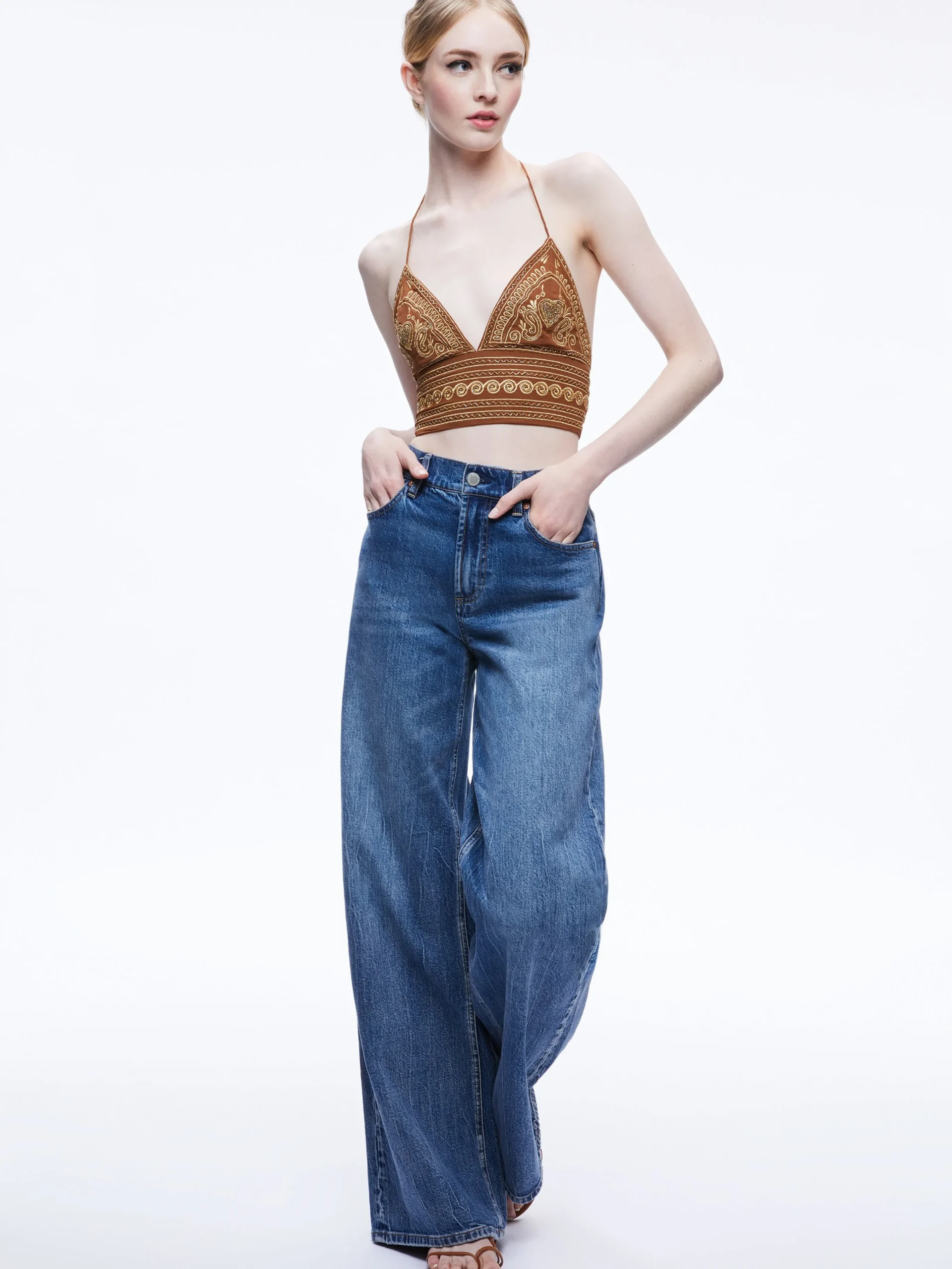 Alice and Olivia TOPS*CARLI EMBROIDERED TIE NECK BRA TOP