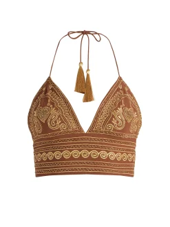 Alice and Olivia TOPS*CARLI EMBROIDERED TIE NECK BRA TOP