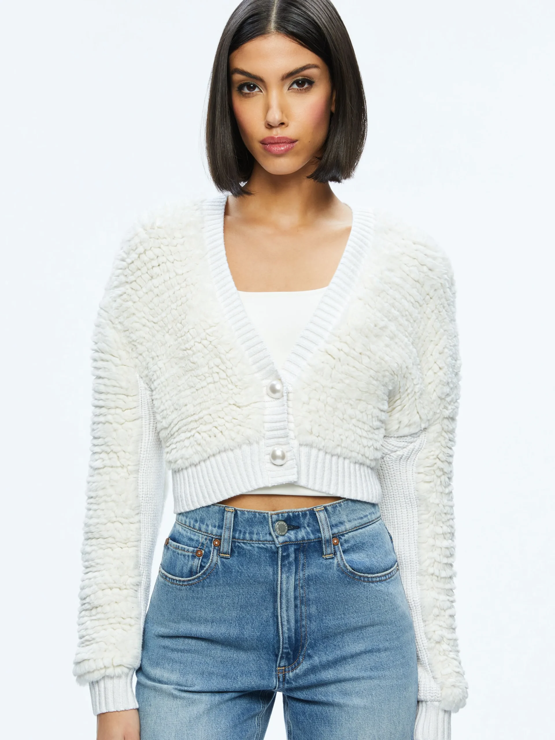 Alice and Olivia SWEATERS*CASILDA FAUX FUR CROPPED CARDIGAN
