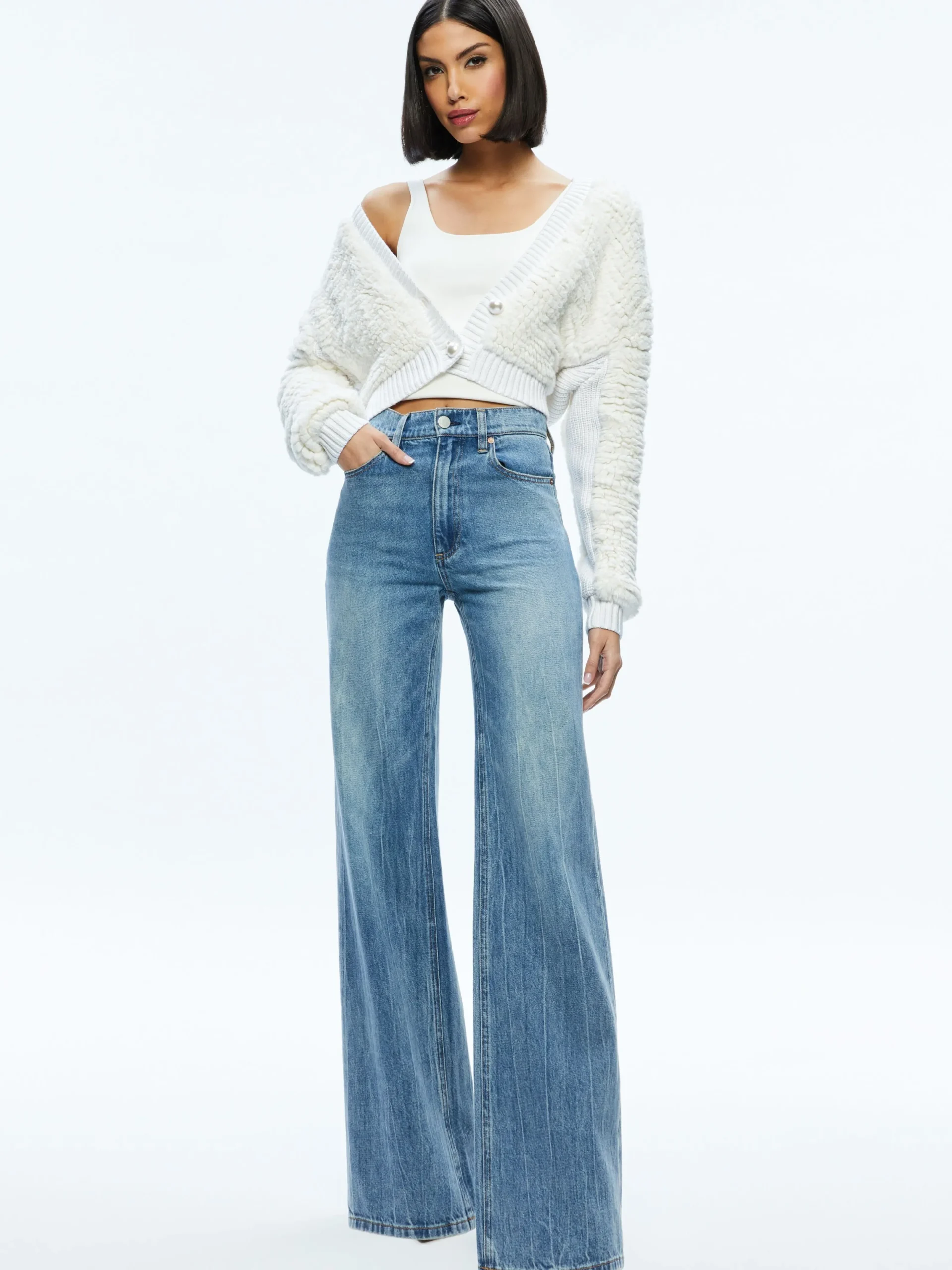 Alice and Olivia SWEATERS*CASILDA FAUX FUR CROPPED CARDIGAN