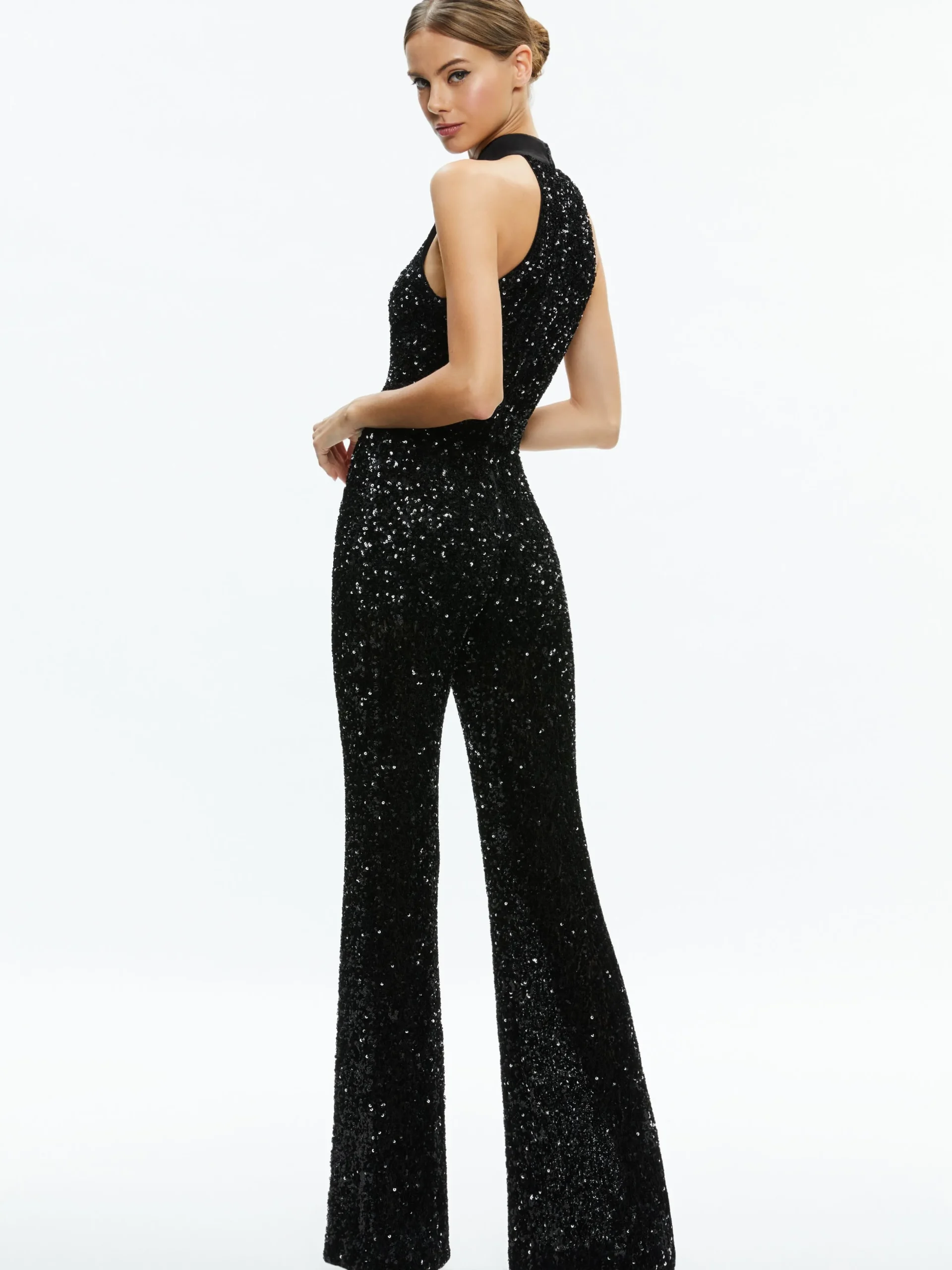 Alice and Olivia JUMPSUITS*CATALINE SEQUIN HIGH NECK WIDE LEG JUMPSUIT