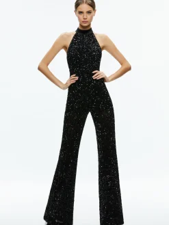 Alice and Olivia JUMPSUITS*CATALINE SEQUIN HIGH NECK WIDE LEG JUMPSUIT