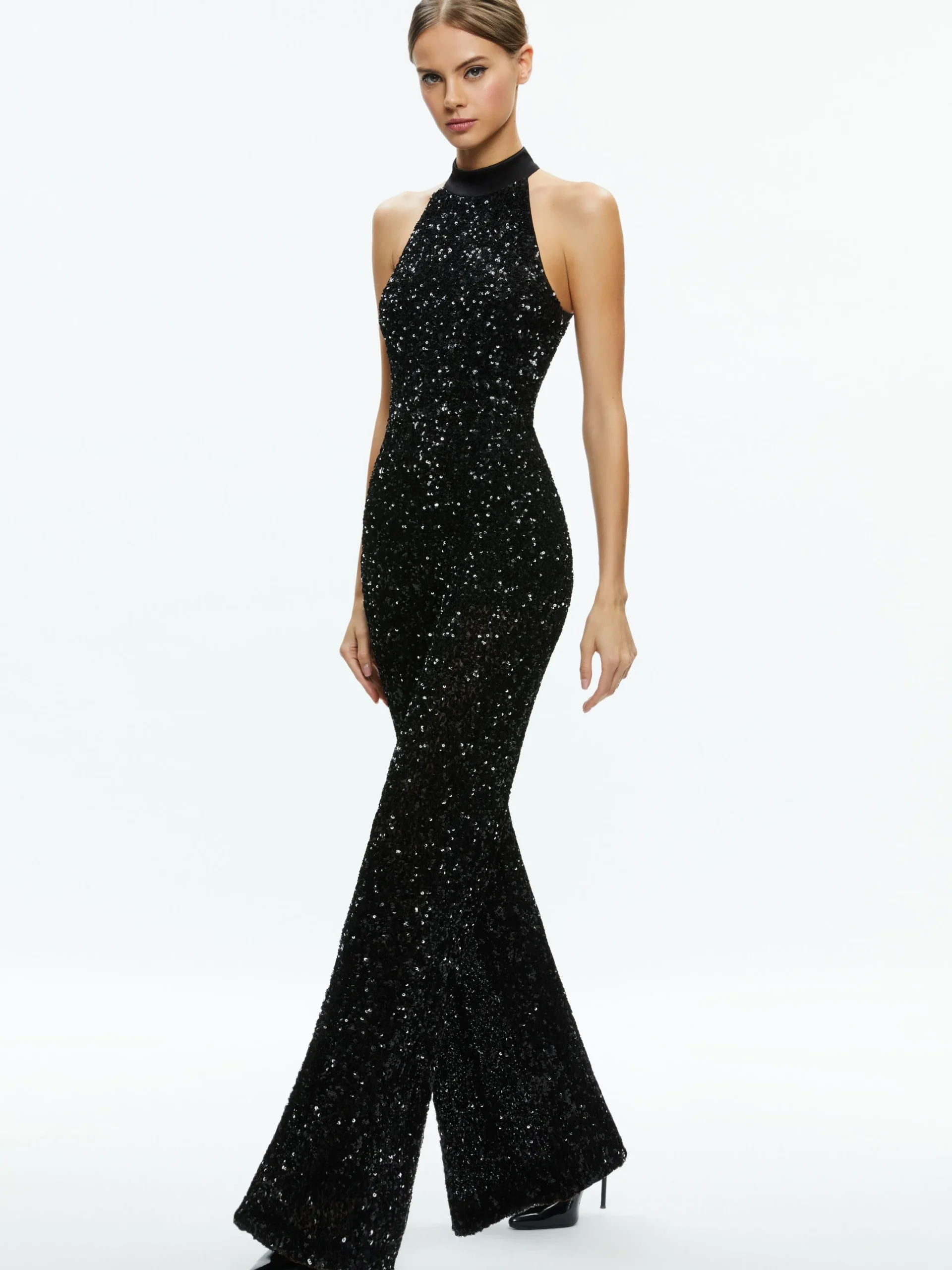 Alice and Olivia JUMPSUITS*CATALINE SEQUIN HIGH NECK WIDE LEG JUMPSUIT