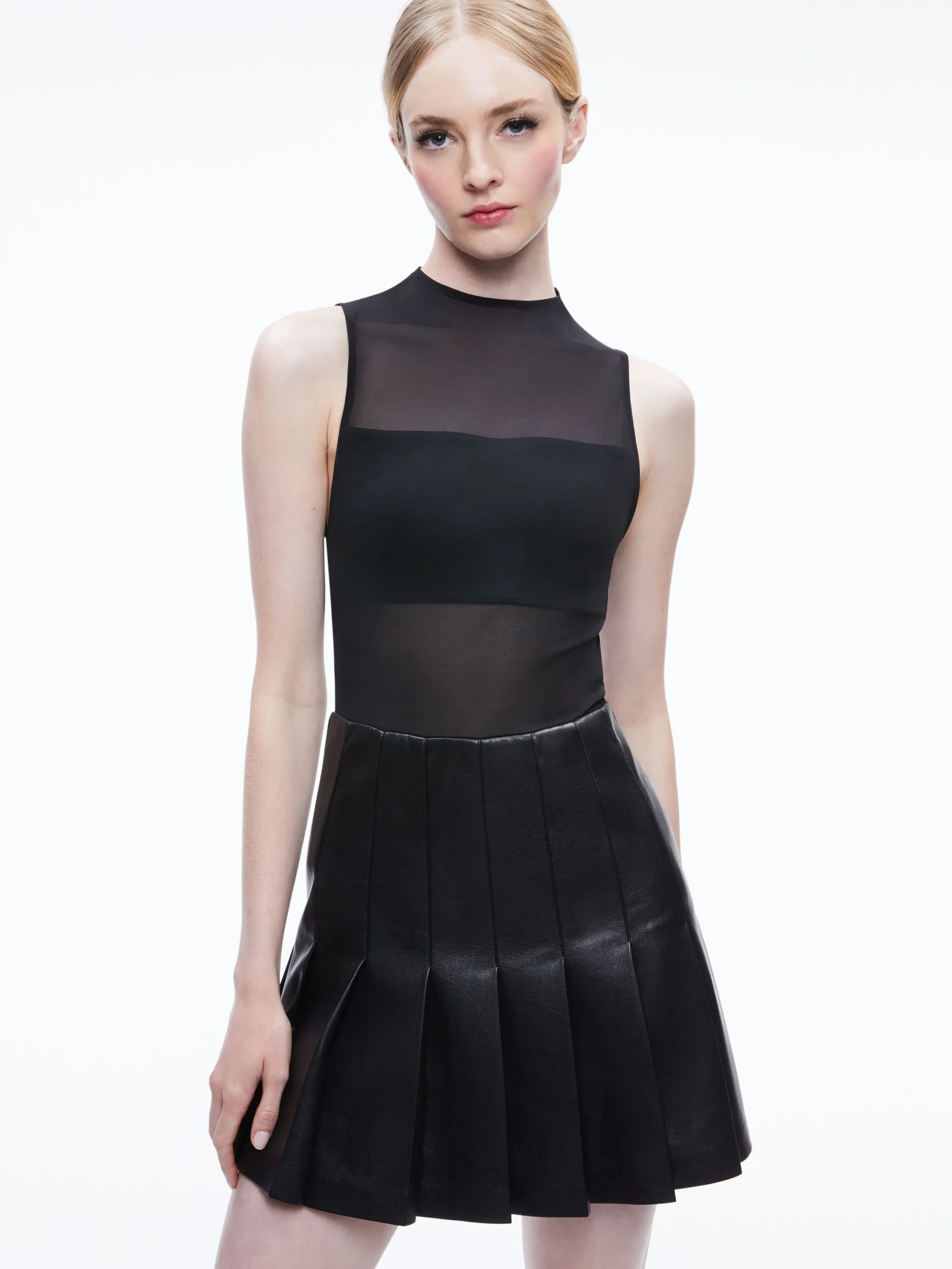 Alice and Olivia VEGAN LEATHER|MINI*CHARA VEGAN LEATHER PLEATED MINI DRESS
