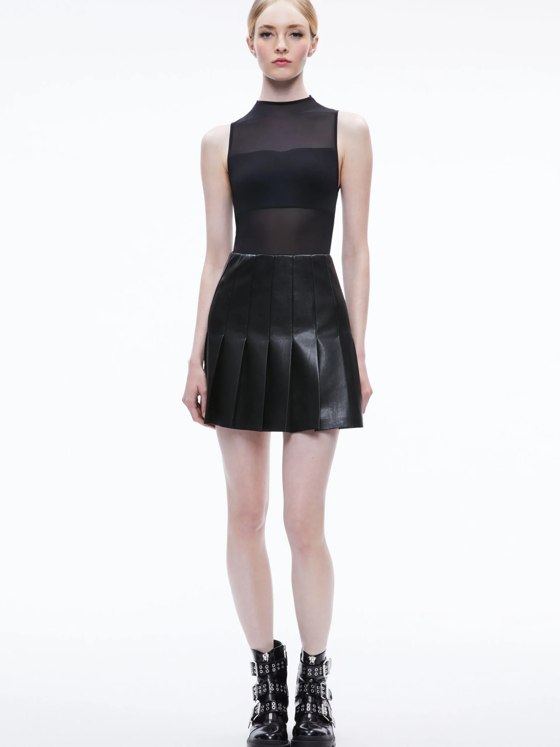 Alice and Olivia VEGAN LEATHER|MINI*CHARA VEGAN LEATHER PLEATED MINI DRESS