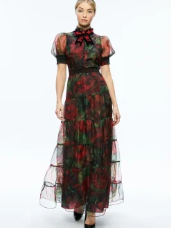 Alice and Olivia GUEST OF|MAXI*COLETTA BOW NECK BUTTON FRONT MAXI DRESS
