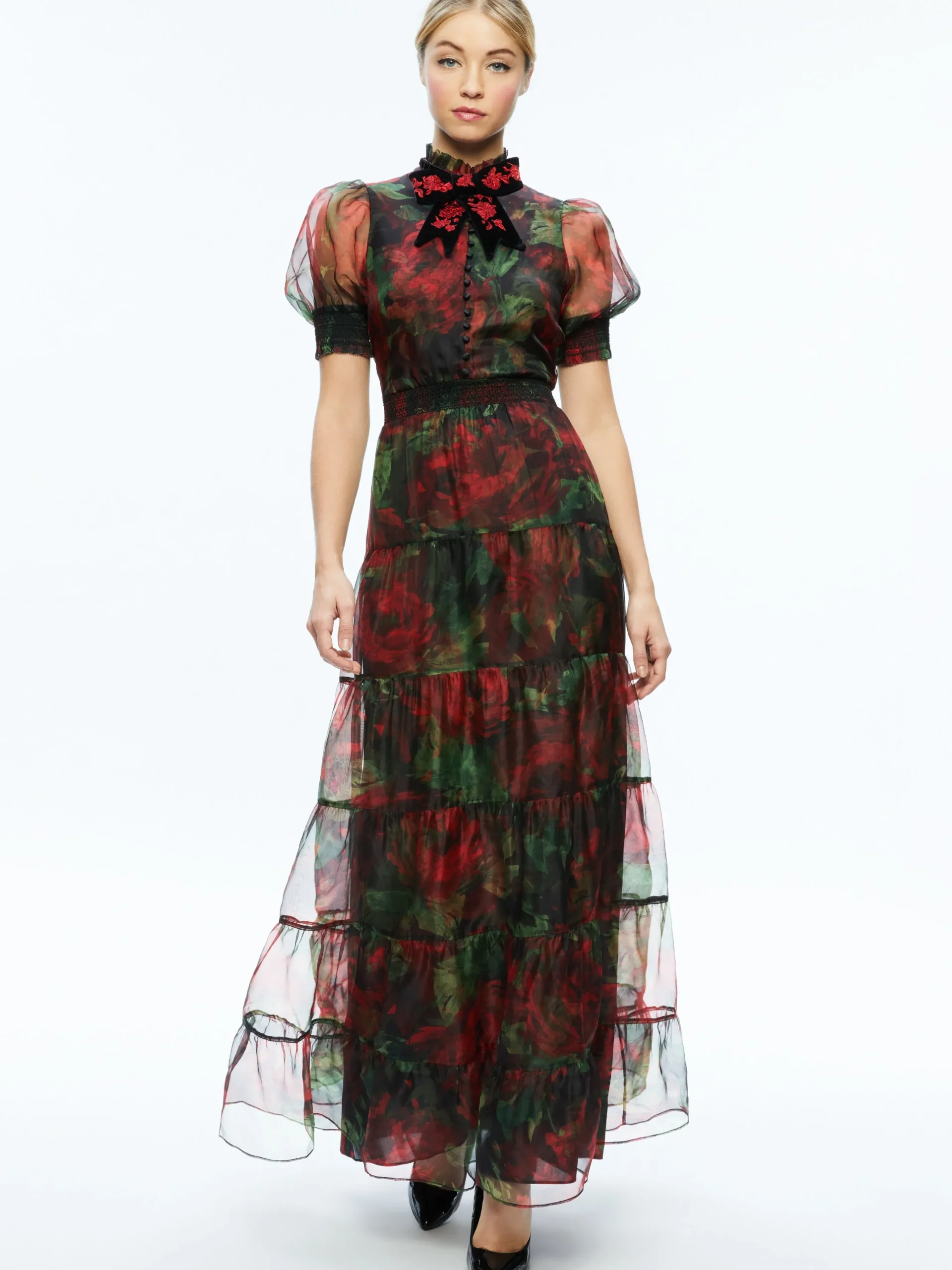 Alice and Olivia GUEST OF|MAXI*COLETTA BOW NECK BUTTON FRONT MAXI DRESS