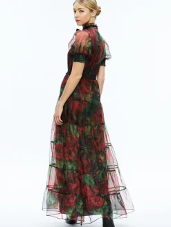 Alice and Olivia GUEST OF|MAXI*COLETTA BOW NECK BUTTON FRONT MAXI DRESS