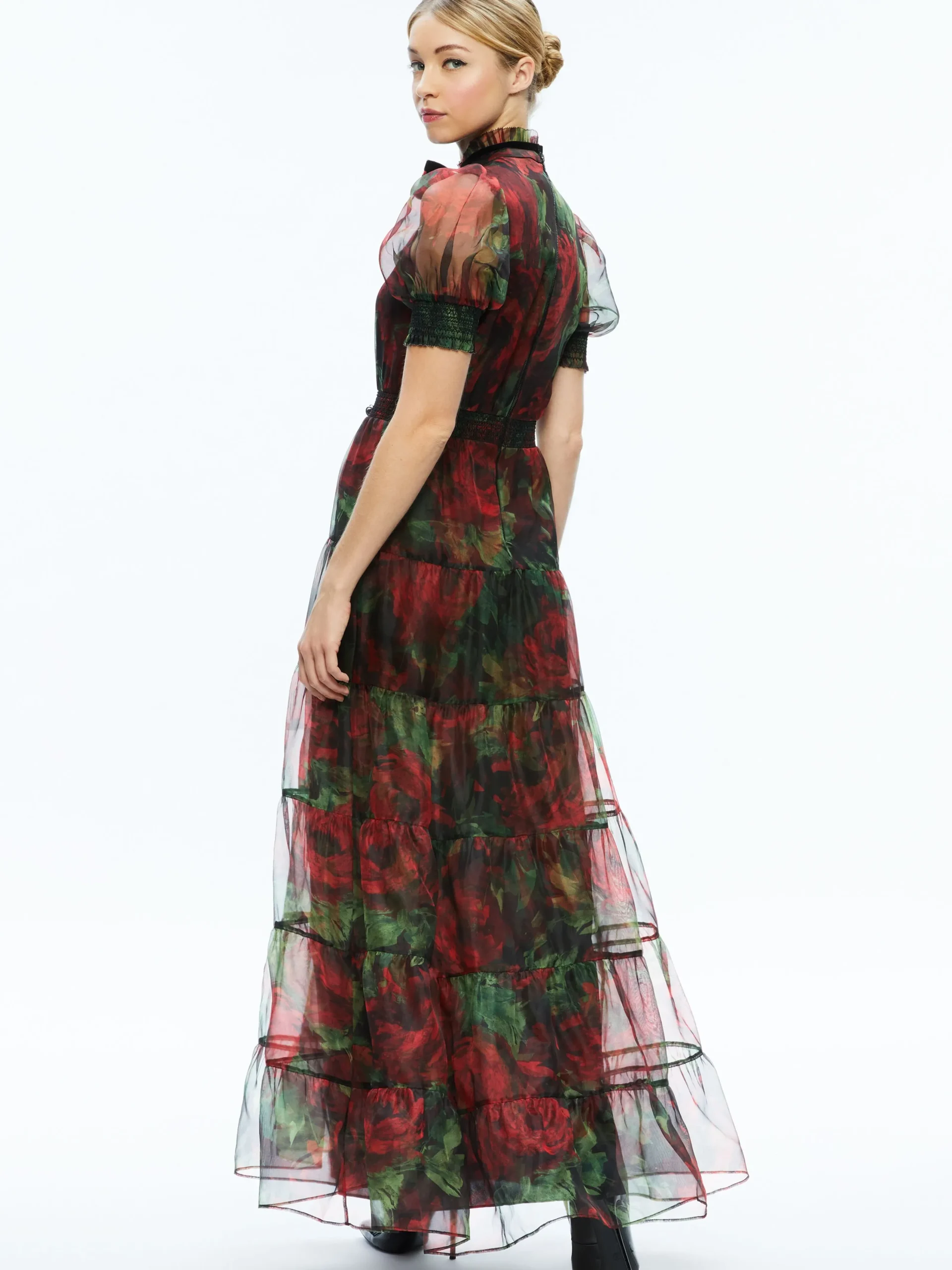 Alice and Olivia GUEST OF|MAXI*COLETTA BOW NECK BUTTON FRONT MAXI DRESS