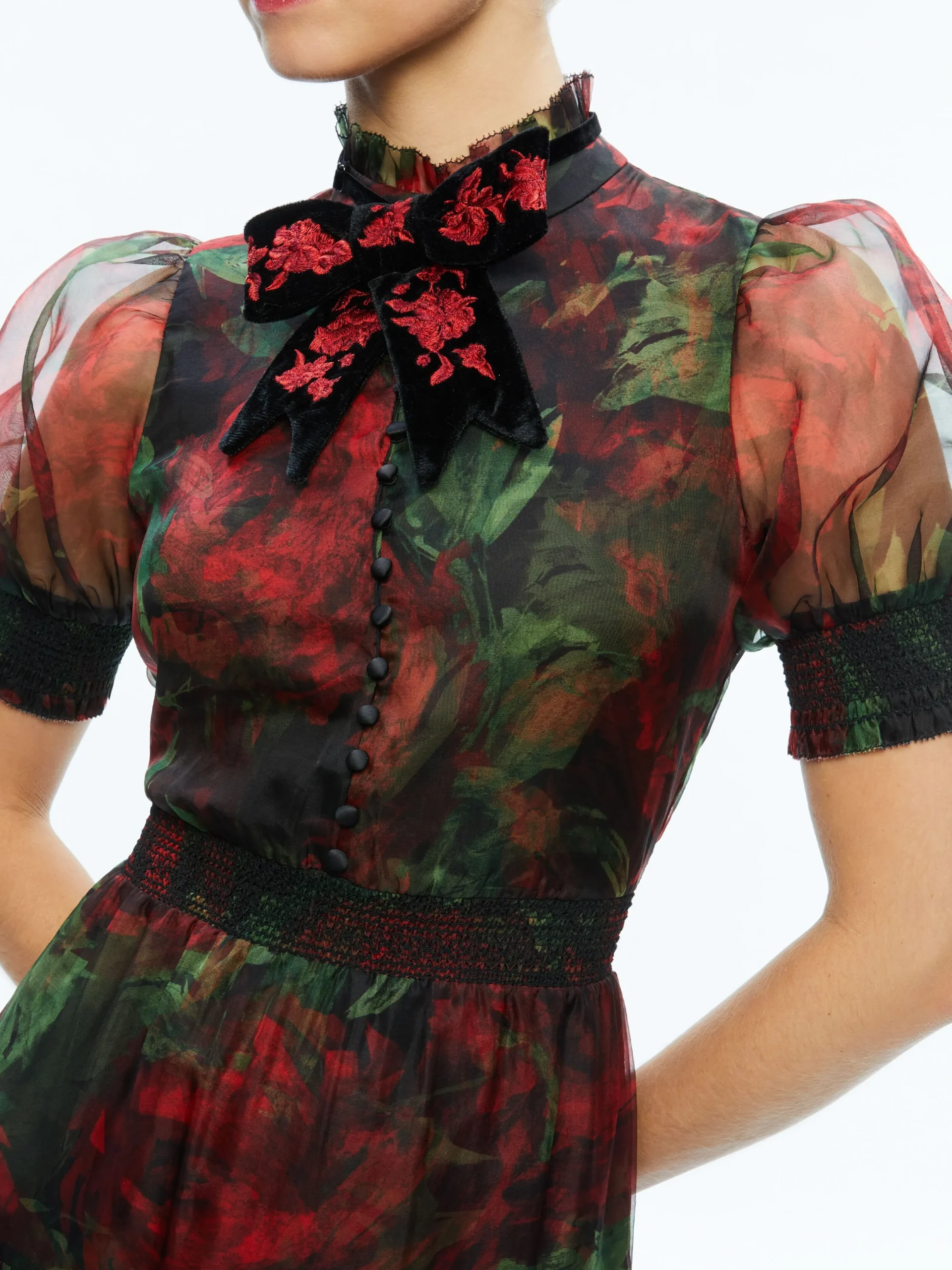 Alice and Olivia GUEST OF|MAXI*COLETTA BOW NECK BUTTON FRONT MAXI DRESS