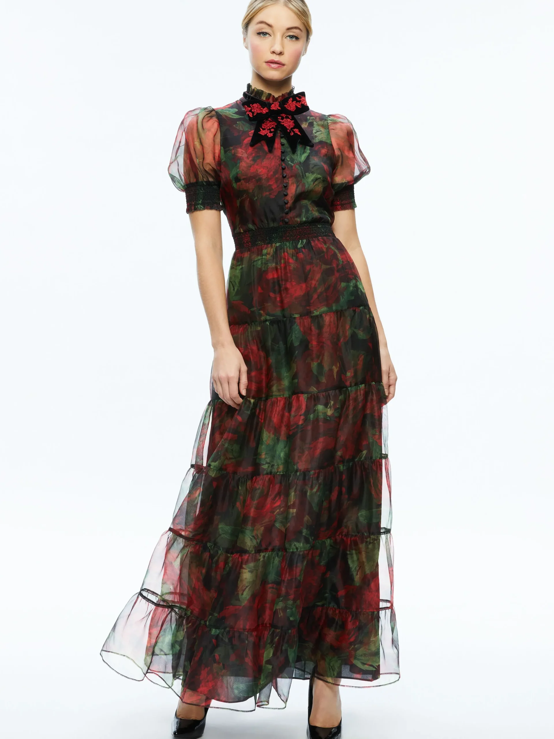 Alice and Olivia GUEST OF|MAXI*COLETTA BOW NECK BUTTON FRONT MAXI DRESS