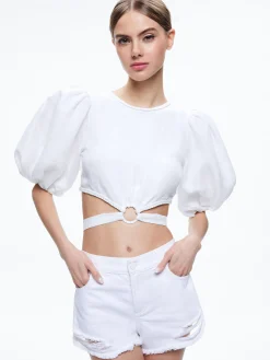 Alice and Olivia TOPS*COLETTE TIE PUFF SLEEVE CROP TOP