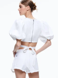 Alice and Olivia TOPS*COLETTE TIE PUFF SLEEVE CROP TOP
