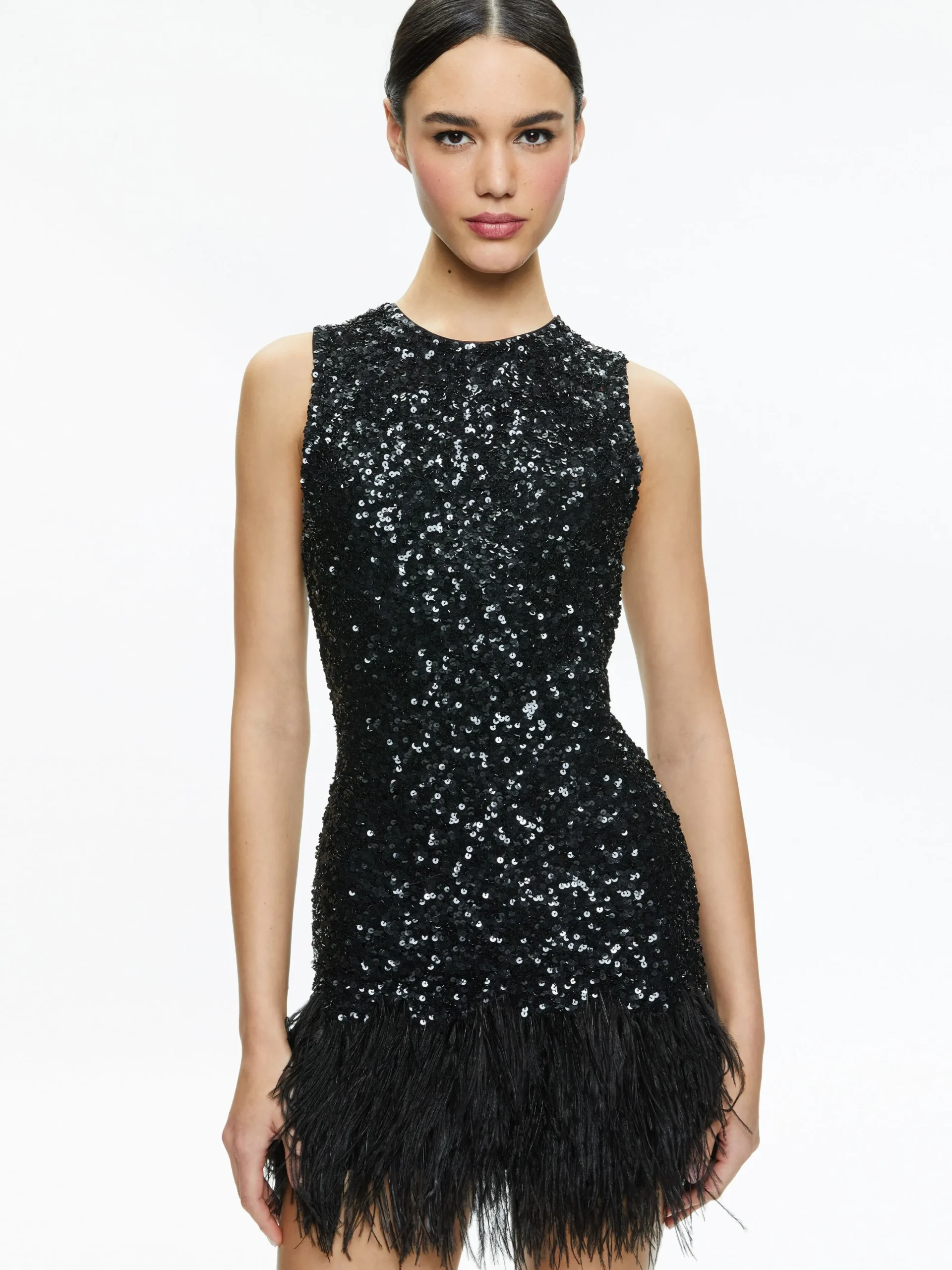 Alice and Olivia GUEST OF|MINI*COLEY EMBELLISHED FEATHER TRIM MINI DRESS