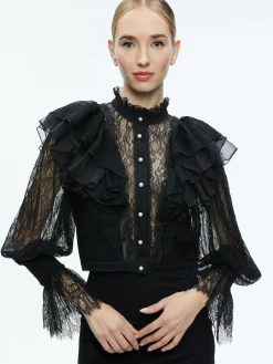 Alice and Olivia VALENTINE'S DAY EDIT|TOPS*DELPHA RUFFLE LACE BLOUSON SLEEVE CROPPED TOP