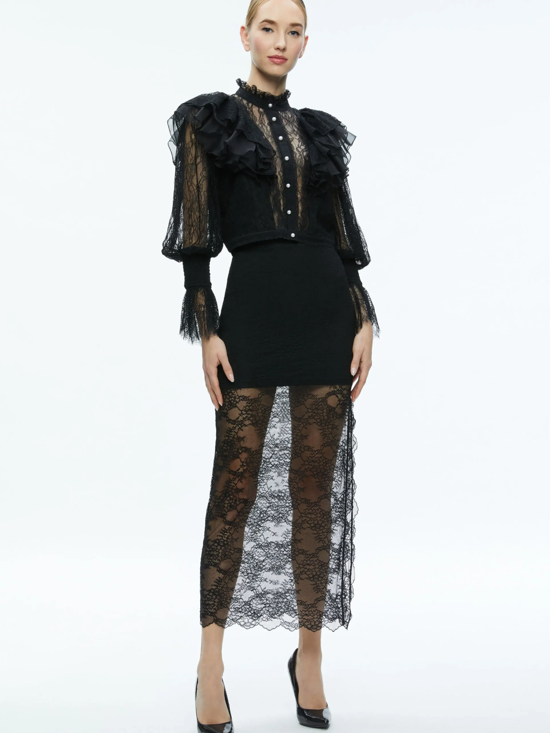 Alice and Olivia VALENTINE'S DAY EDIT|TOPS*DELPHA RUFFLE LACE BLOUSON SLEEVE CROPPED TOP