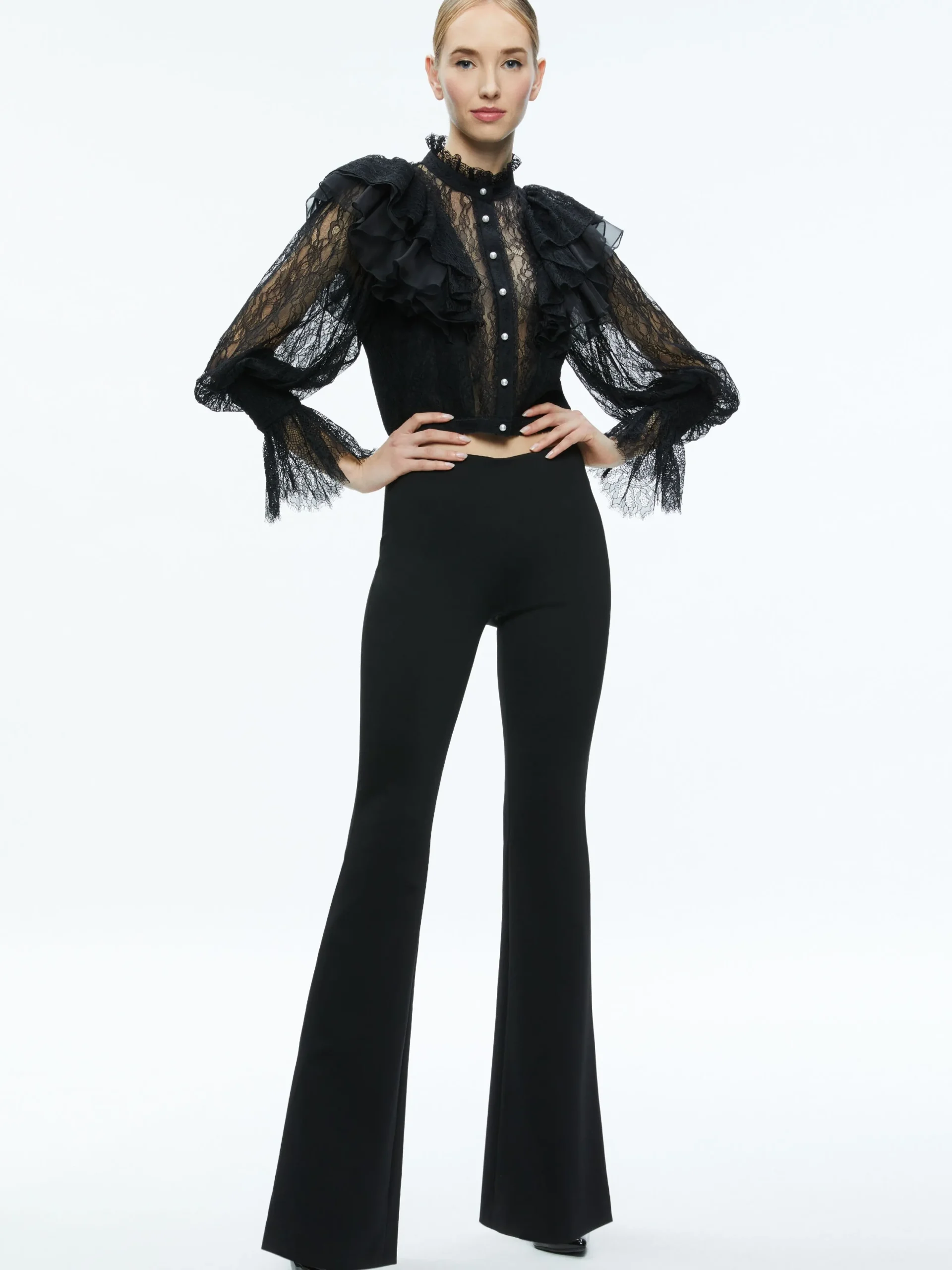 Alice and Olivia VALENTINE'S DAY EDIT|TOPS*DELPHA RUFFLE LACE BLOUSON SLEEVE CROPPED TOP
