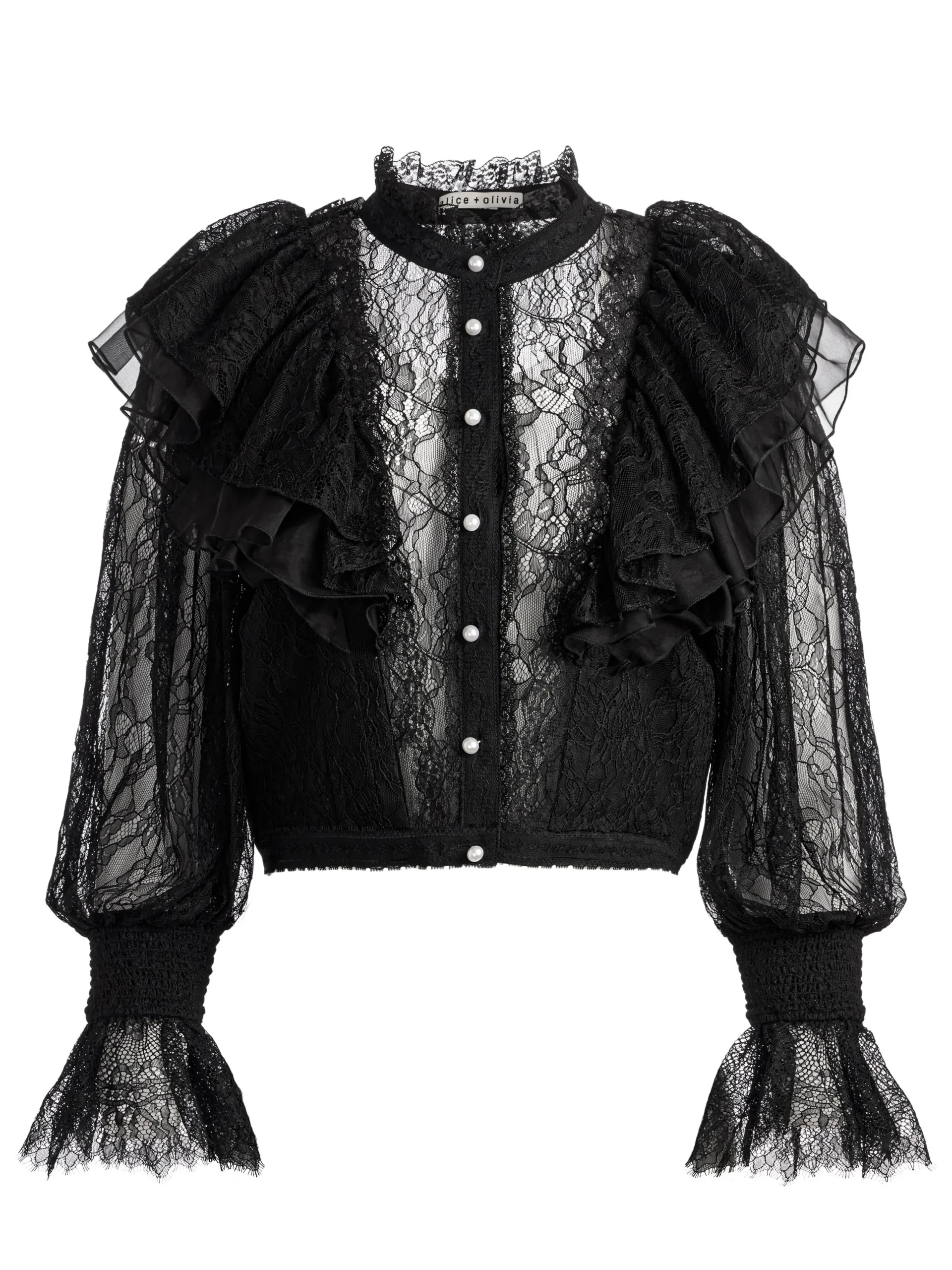 Alice and Olivia VALENTINE'S DAY EDIT|TOPS*DELPHA RUFFLE LACE BLOUSON SLEEVE CROPPED TOP