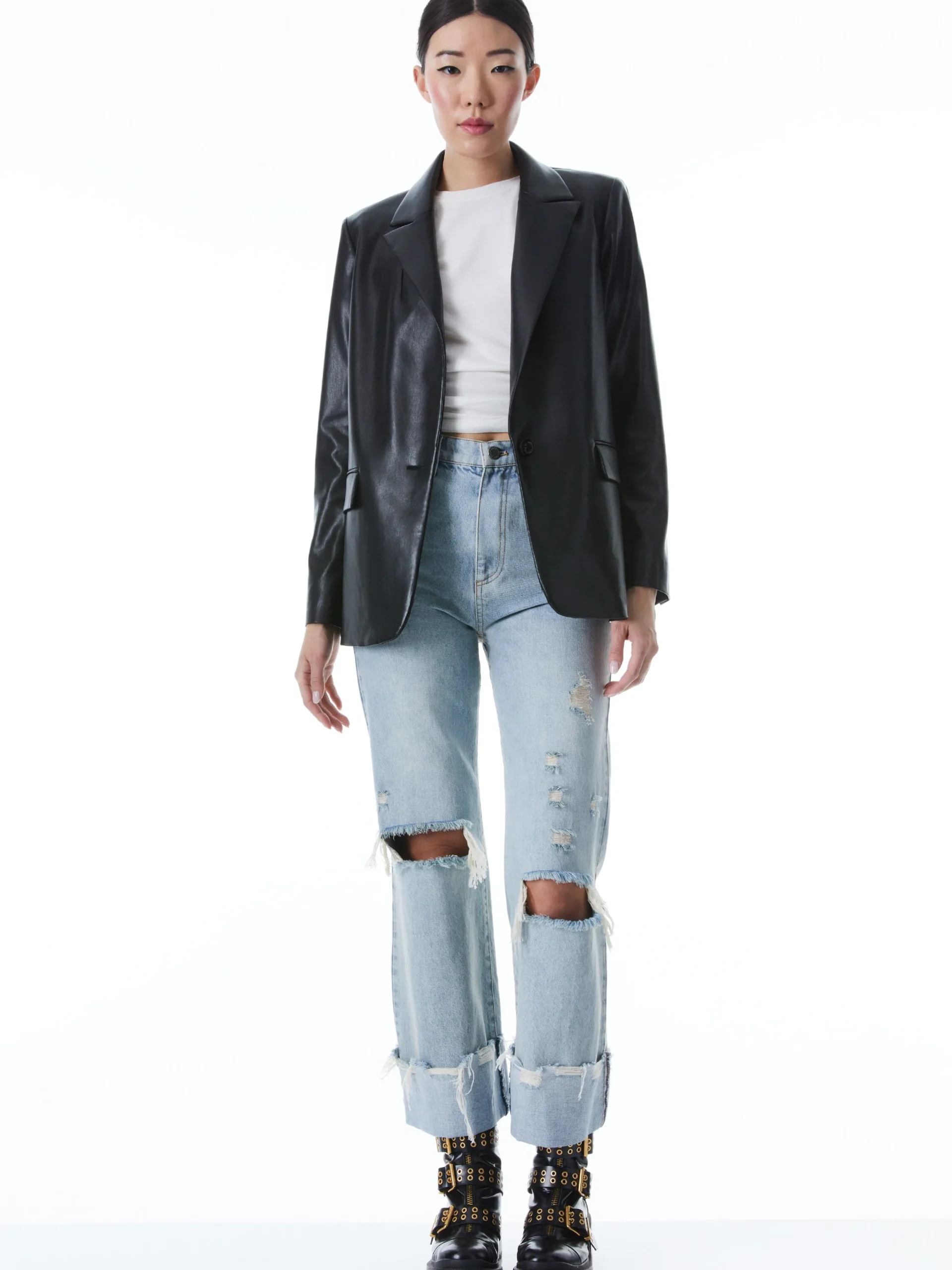 Alice and Olivia JACKETS + COATS*DENNY VEGAN LEATHER NOTCH COLLAR BLAZER