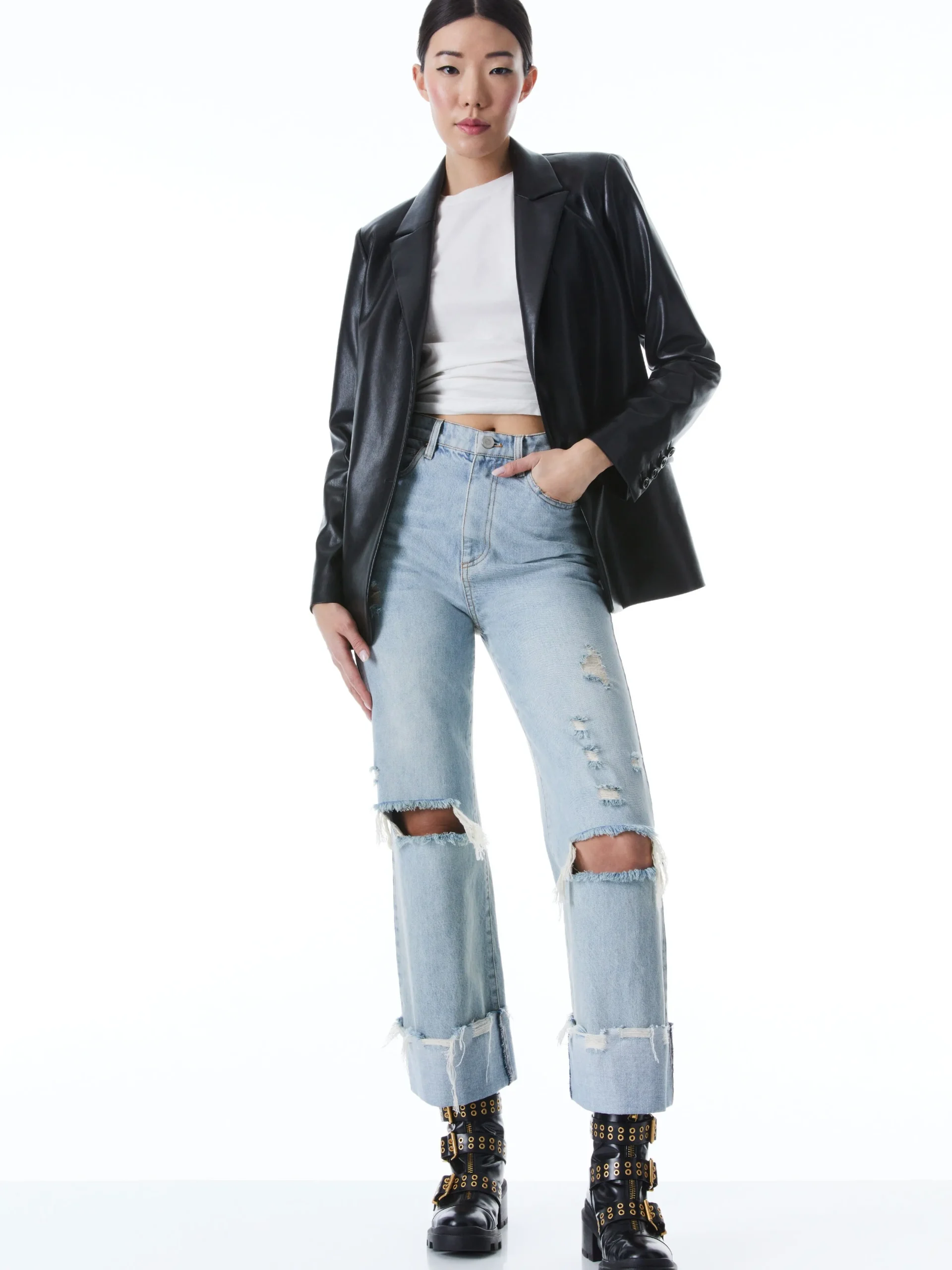 Alice and Olivia JACKETS + COATS*DENNY VEGAN LEATHER NOTCH COLLAR BLAZER