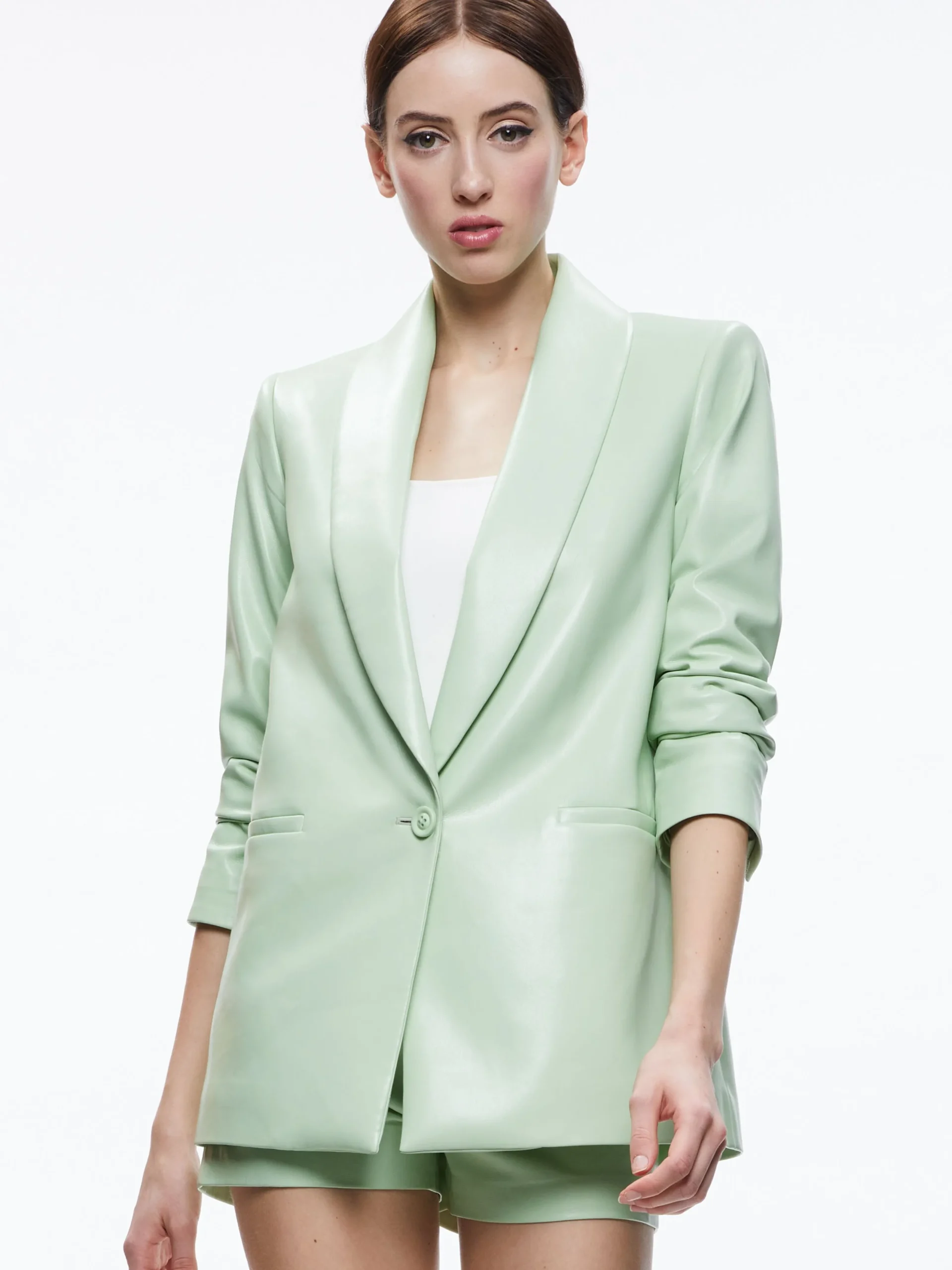 Alice and Olivia MATCHING SETS*DENNY VEGAN LEATHER SHAWL COLLAR BLAZER + OLIVIA VEGAN LEATHER SHORT