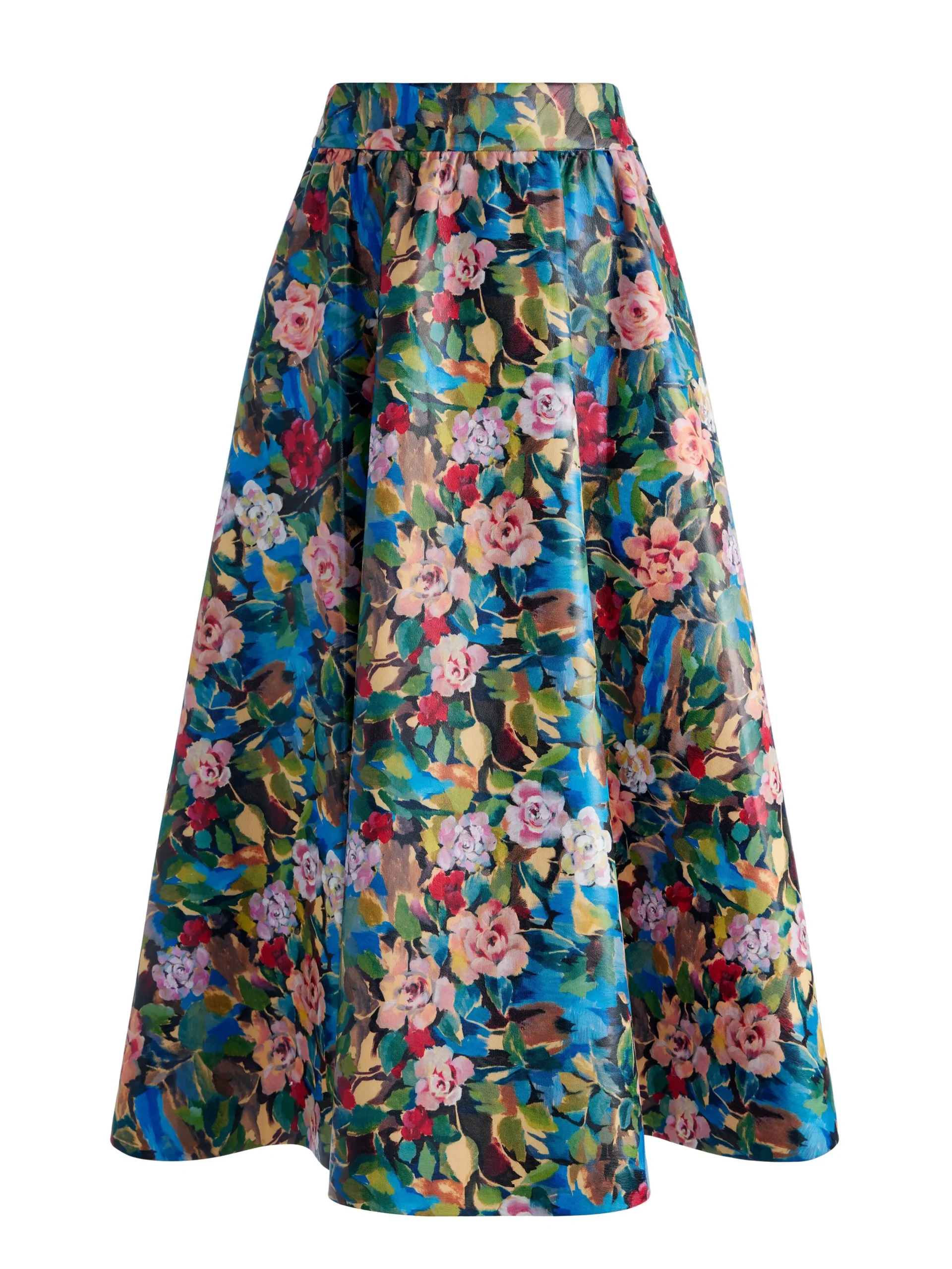 Alice and Olivia MATCHING SETS*EARLA VEGAN LEATHER FLARE SKIRT + ILAN SMOCKED SLEEVE BUTTON FRONT BLOUSE