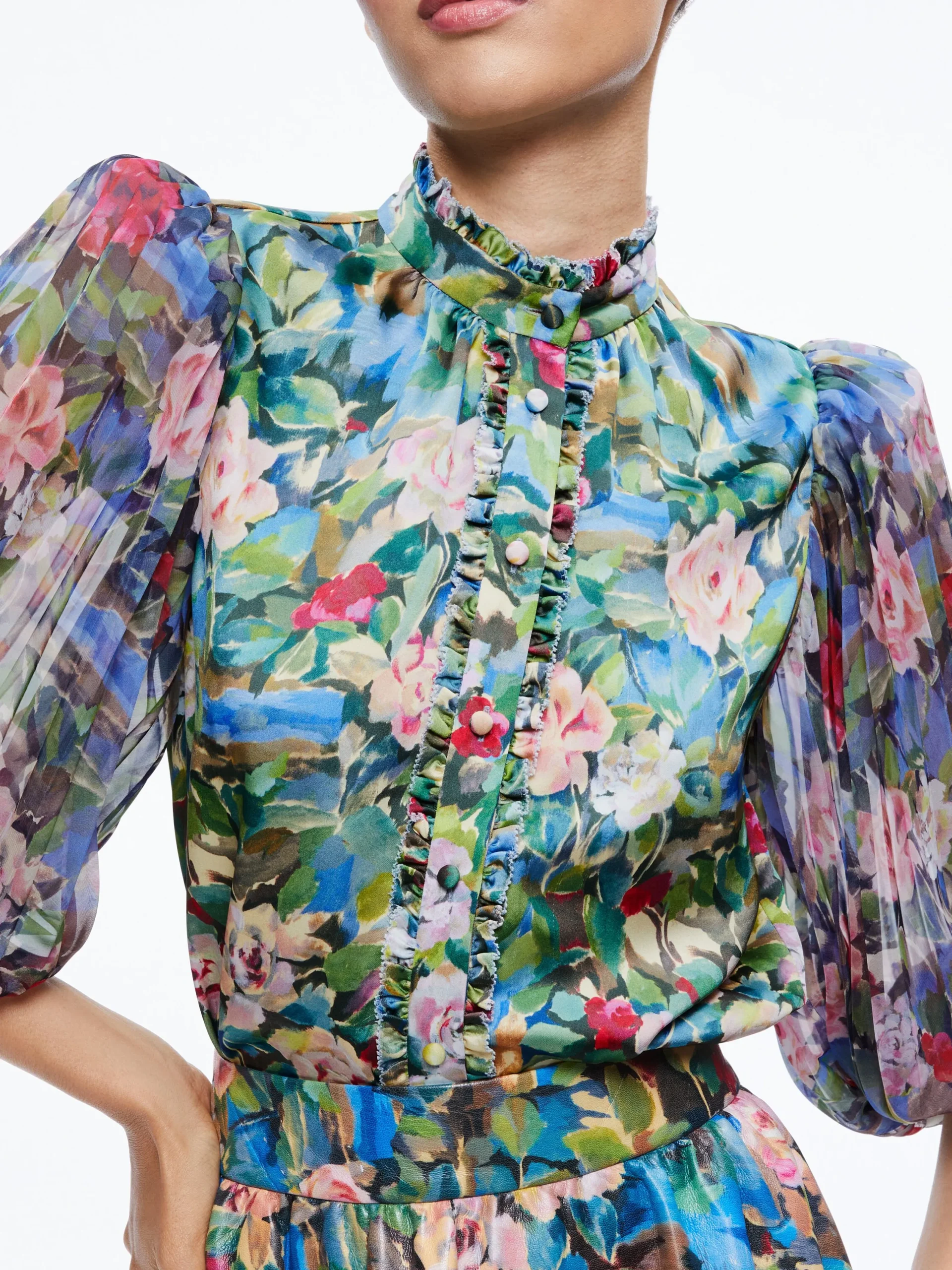 Alice and Olivia MATCHING SETS*EARLA VEGAN LEATHER FLARE SKIRT + ILAN SMOCKED SLEEVE BUTTON FRONT BLOUSE