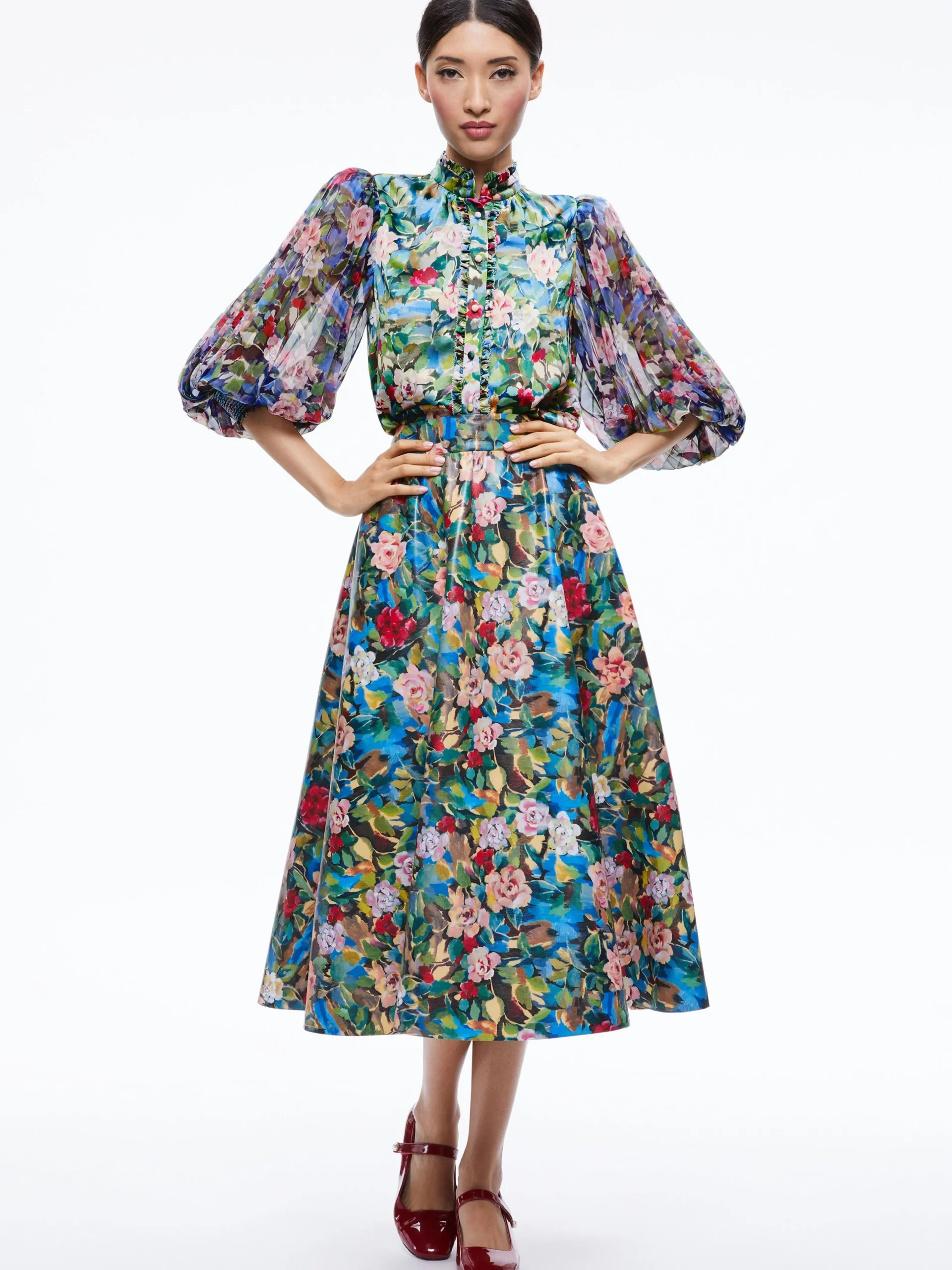 Alice and Olivia MATCHING SETS*EARLA VEGAN LEATHER FLARE SKIRT + ILAN SMOCKED SLEEVE BUTTON FRONT BLOUSE