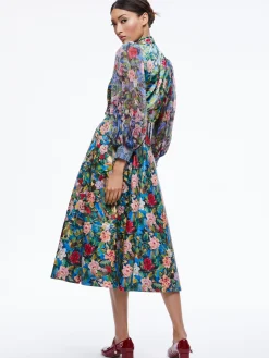 Alice and Olivia MATCHING SETS*EARLA VEGAN LEATHER FLARE SKIRT + ILAN SMOCKED SLEEVE BUTTON FRONT BLOUSE