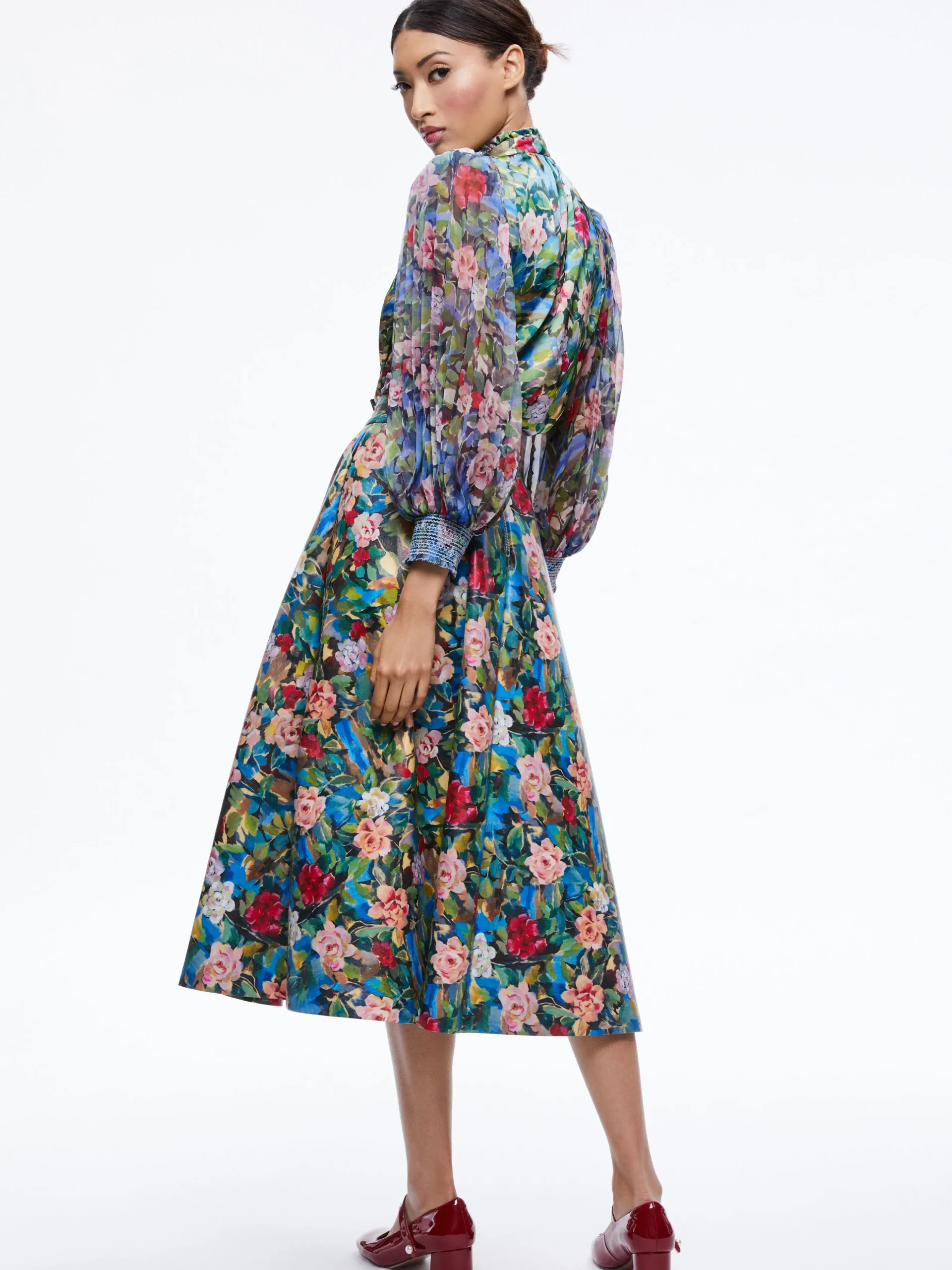 Alice and Olivia MATCHING SETS*EARLA VEGAN LEATHER FLARE SKIRT + ILAN SMOCKED SLEEVE BUTTON FRONT BLOUSE