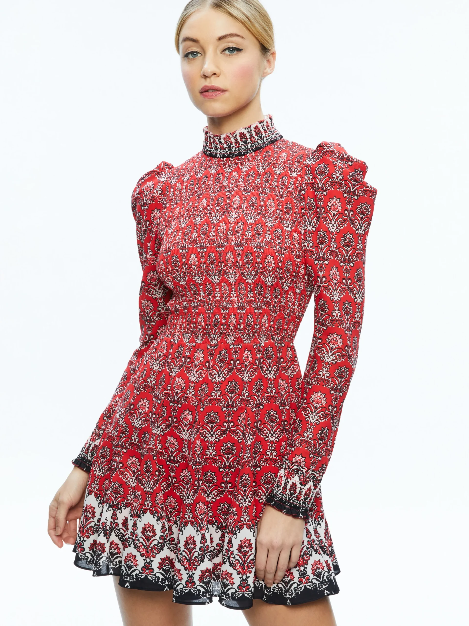 Alice and Olivia MINI|DRESSES*ELVIRA SMOCKED BODICE MINI DRESS