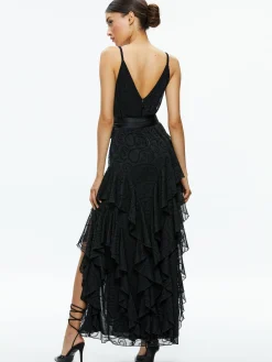 Alice and Olivia MAXI|DRESSES*EMELIA V-NECK EYELET RUFFLE MAXI DRESS