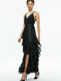 Alice and Olivia MAXI|DRESSES*EMELIA V-NECK EYELET RUFFLE MAXI DRESS