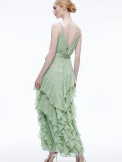 Alice and Olivia GUEST OF|MAXI*EMELIA V-NECK EYELET RUFFLE MAXI DRESS