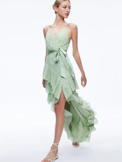 Alice and Olivia GUEST OF|MAXI*EMELIA V-NECK EYELET RUFFLE MAXI DRESS