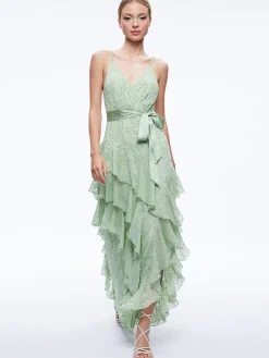 Alice and Olivia GUEST OF|MAXI*EMELIA V-NECK EYELET RUFFLE MAXI DRESS