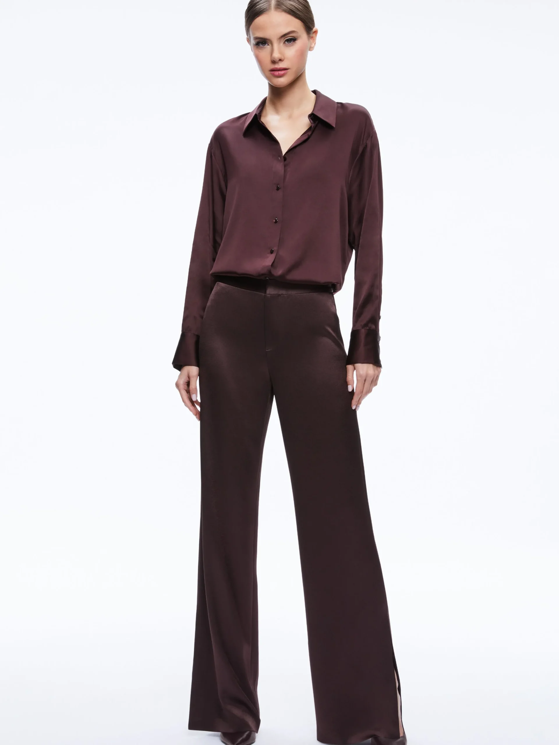 Alice and Olivia MATCHING SETS*FINELY OVERSIZED BUTTON DOWN SHIRT + JC WIDE LEG SIDE SLIT PANT