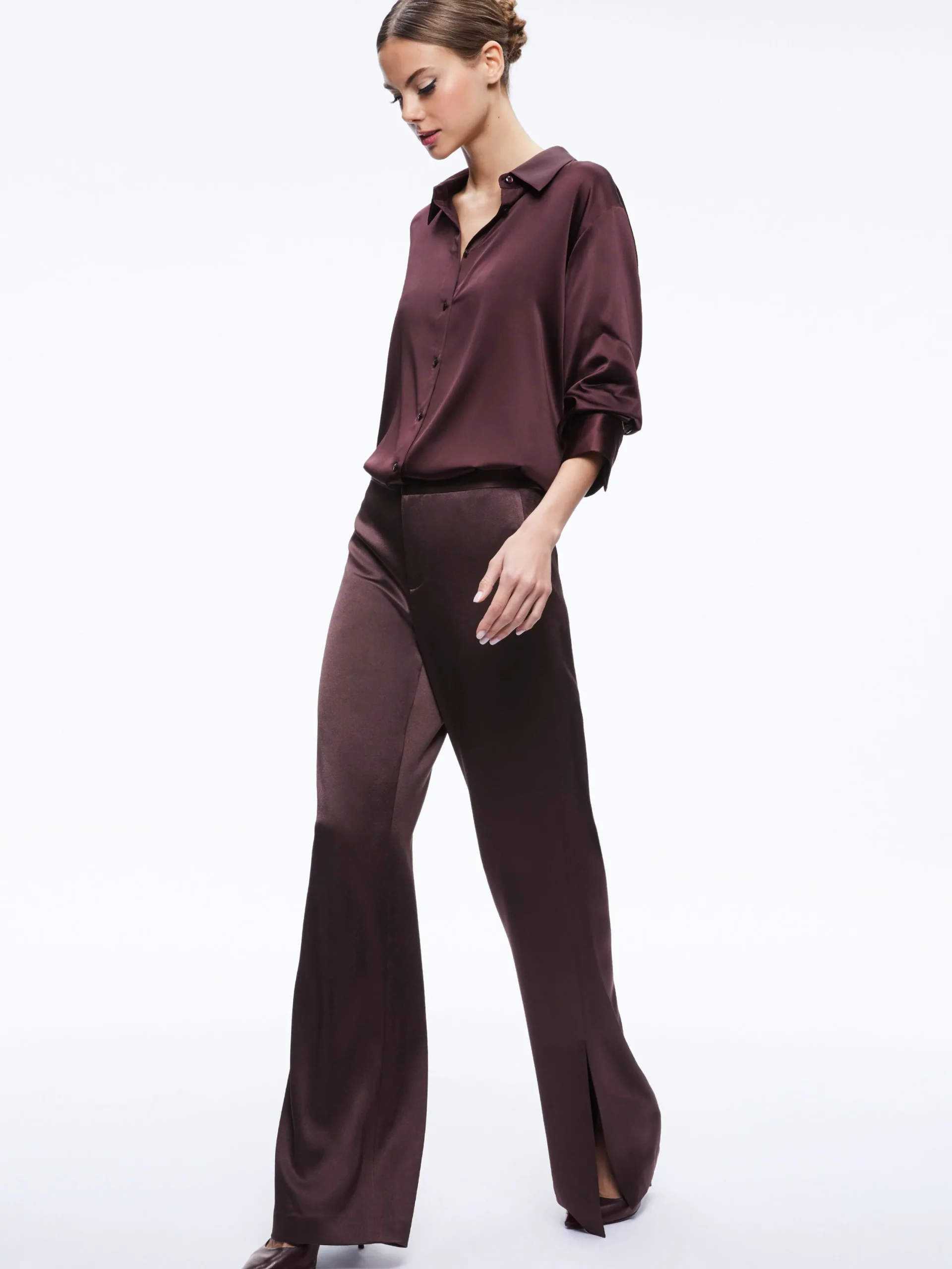 Alice and Olivia MATCHING SETS*FINELY OVERSIZED BUTTON DOWN SHIRT + JC WIDE LEG SIDE SLIT PANT