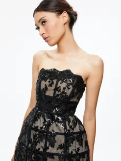 Alice and Olivia GUEST OF|MINI*GERDA STRAPLESS SEQUIN LACE MINI GOWN