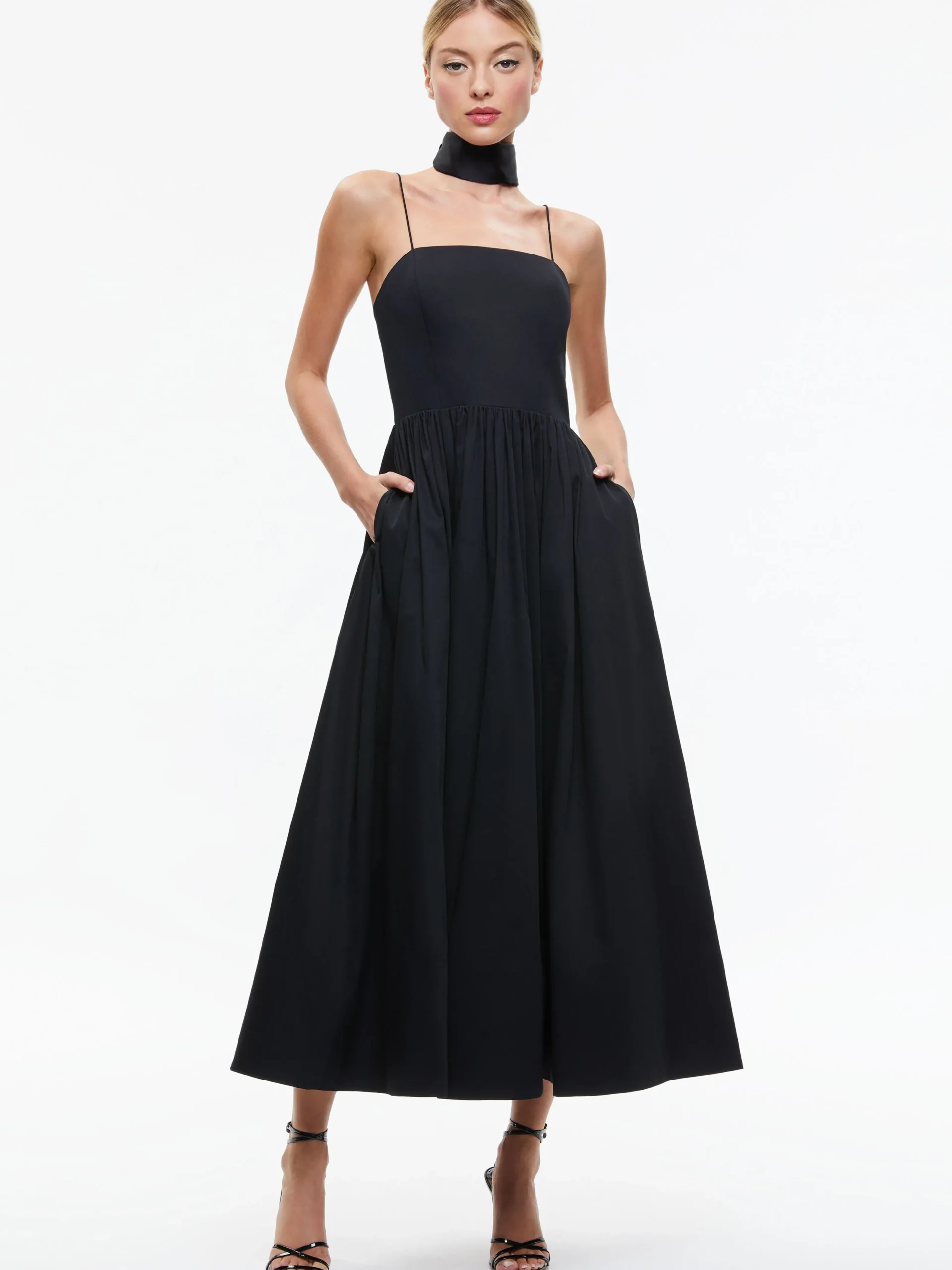 Alice and Olivia GUEST OF|MIDI*GLYNIS SPAGHETTI STRAP SCARF MIDI DRESS