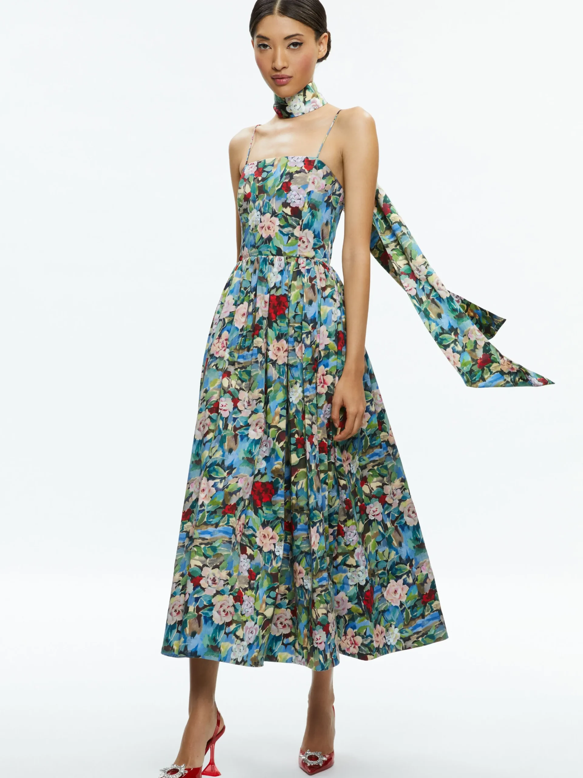 Alice and Olivia GUEST OF|MIDI*GLYNIS SPAGHETTI STRAP SCARF MIDI DRESS